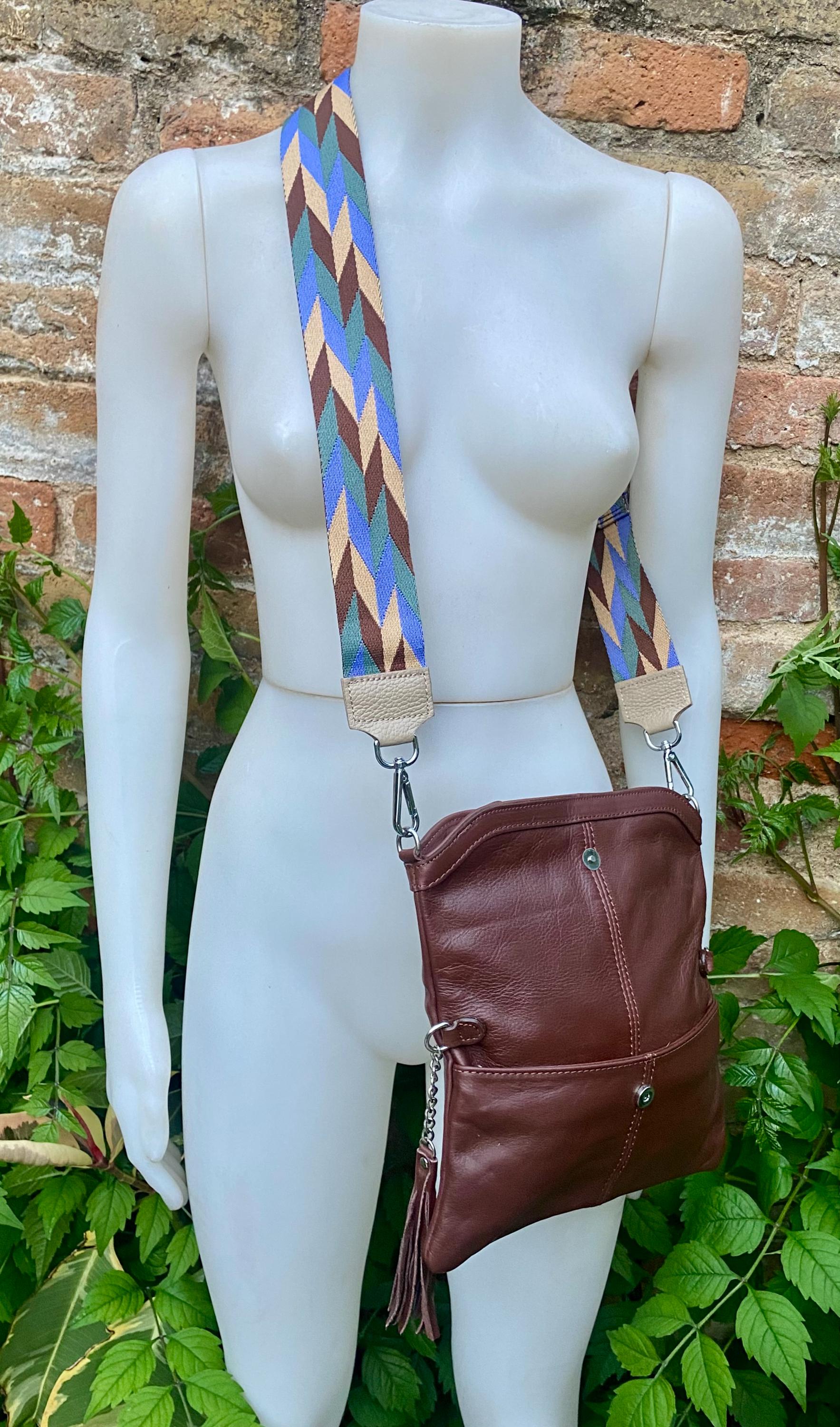 Small leather bag in dark brown. GENUINE leather crossbody/shoulder bag. Adjustable"guitar" strap, zipper and flap. Brown leather purse.