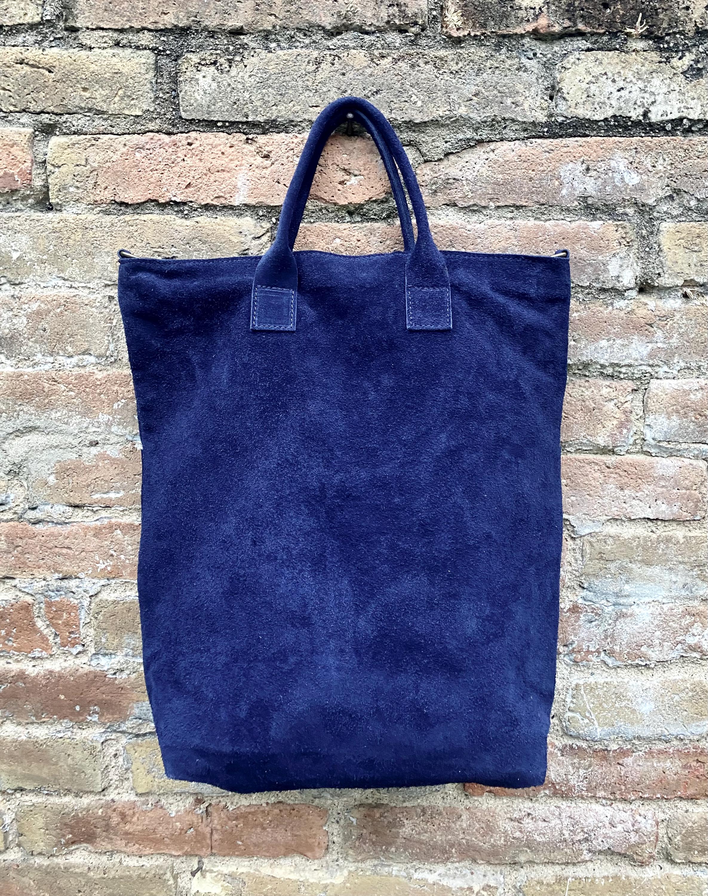 Navy blue leather tote. Large leather shopper, 3 changeable straps. Dark blue suede bag, laptop bag. Handbag /shoulder / crossbody bag