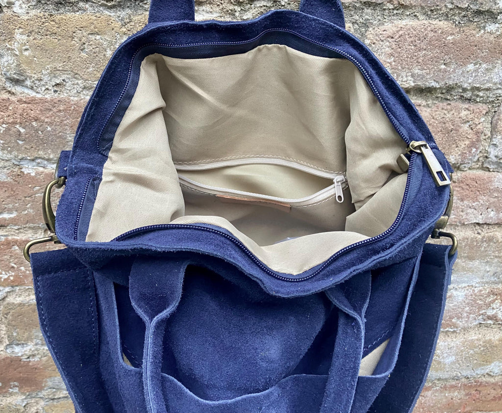 Navy blue leather tote. Large leather shopper, 3 changeable straps. Dark blue suede bag, laptop bag. Handbag /shoulder / crossbody bag
