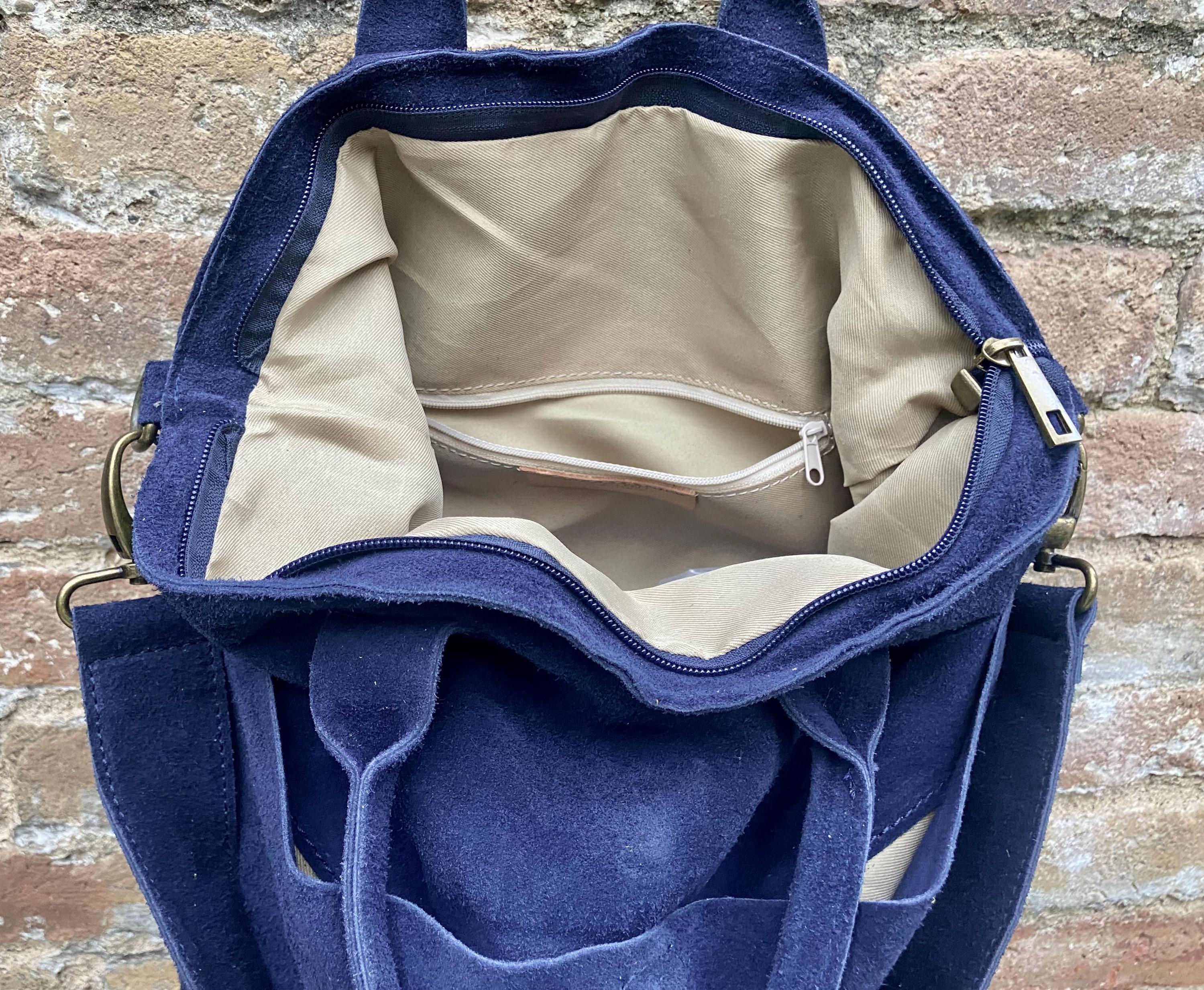 Navy blue leather tote. Large leather shopper, 3 changeable straps. Dark blue suede bag, laptop bag. Handbag /shoulder / crossbody bag