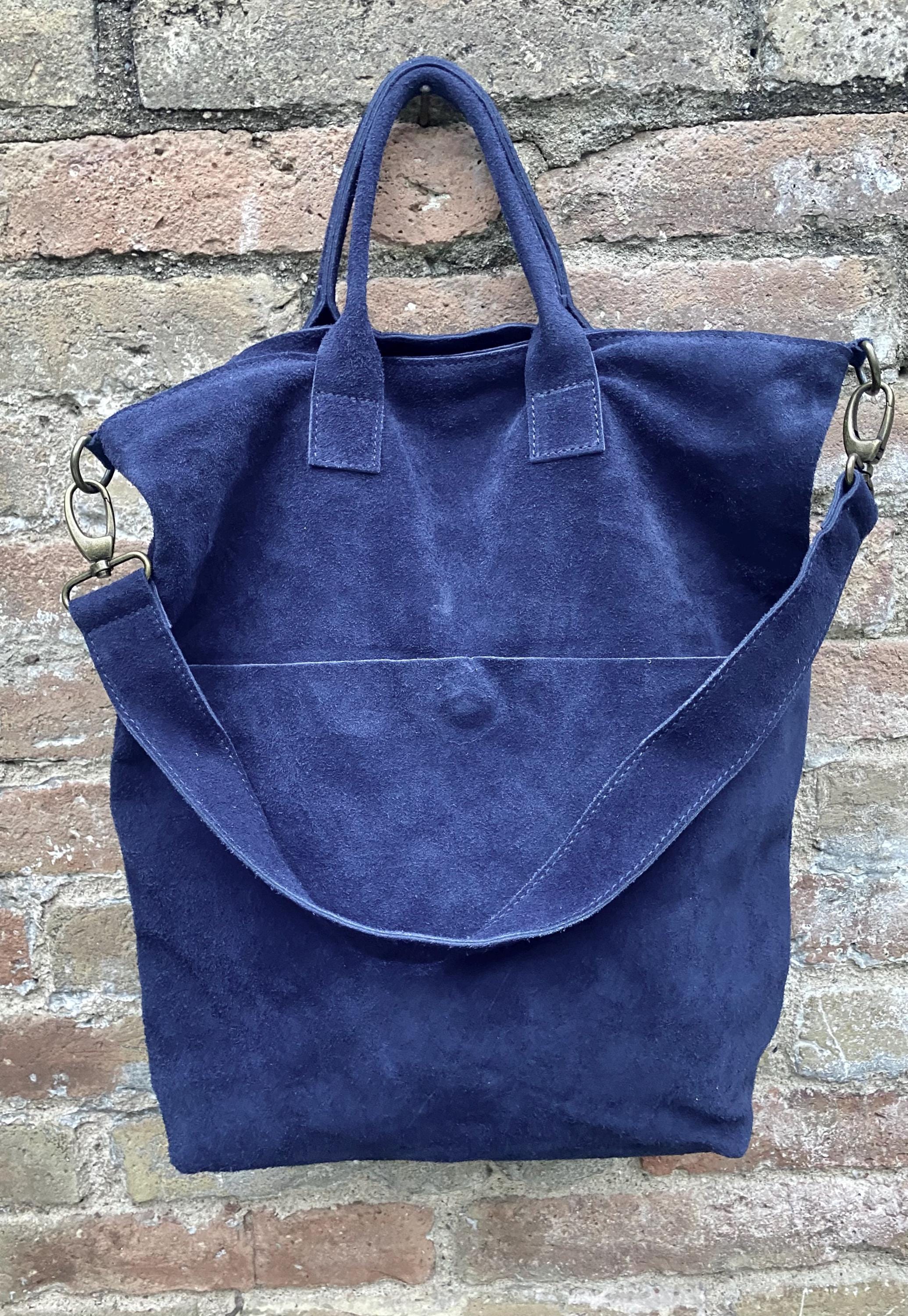 Navy blue leather tote. Large leather shopper, 3 changeable straps. Dark blue suede bag, laptop bag. Handbag /shoulder / crossbody bag