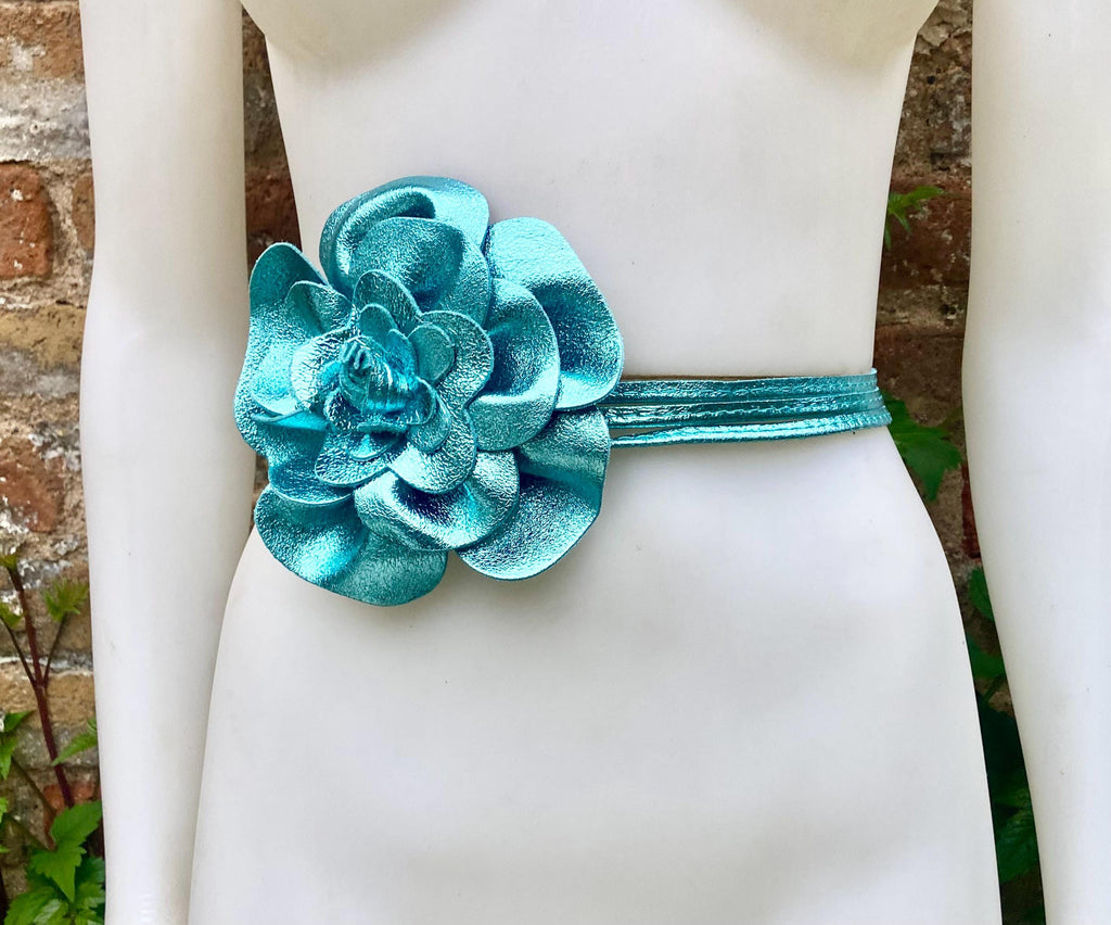 Flower leather belt in metallic turquoise BLUE. Waist, overall or dress belt. Genuine leather. Light blue flower belt.