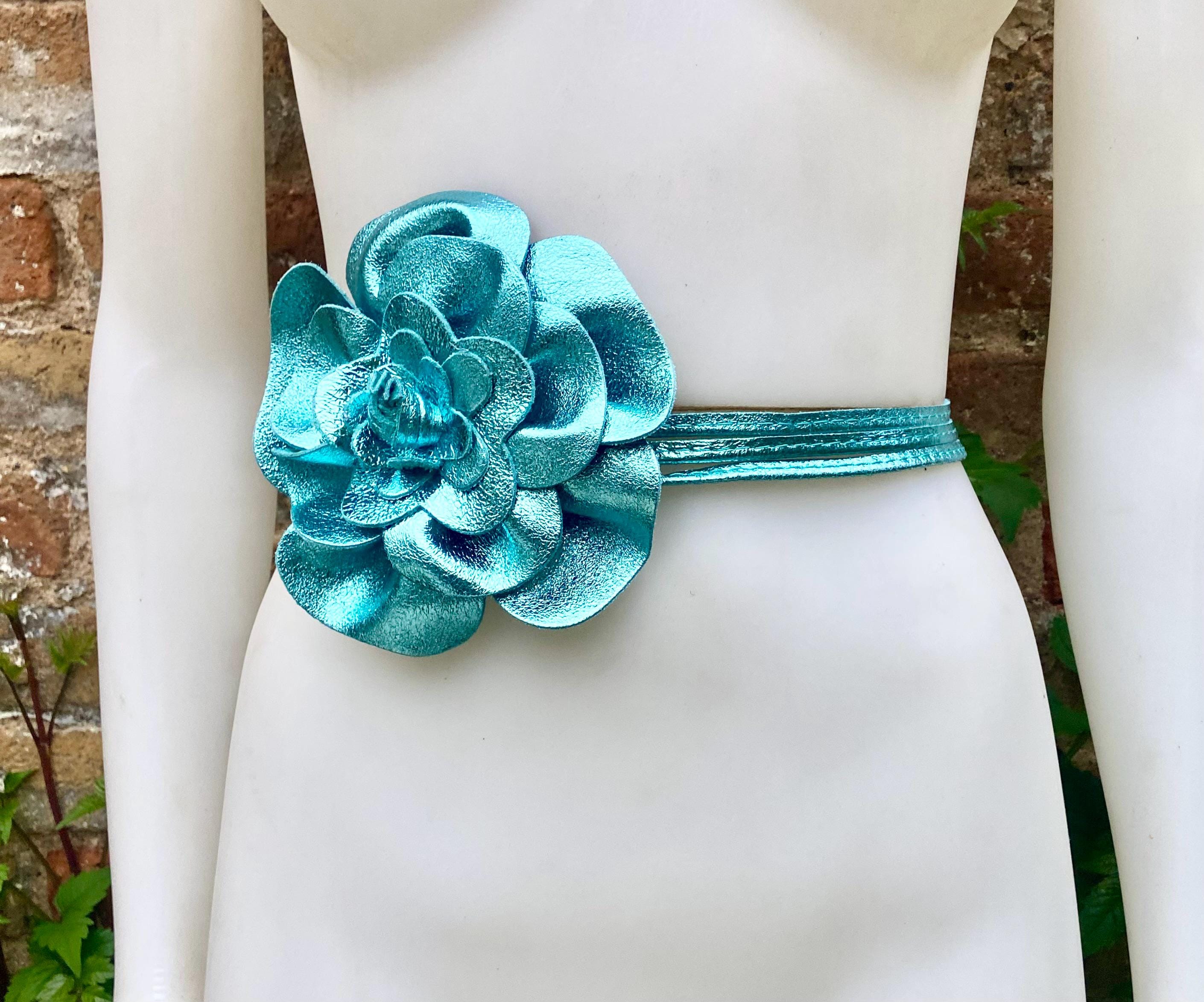 Flower leather belt in metallic turquoise BLUE. Waist, overall or dress belt. Genuine leather. Light blue flower belt.
