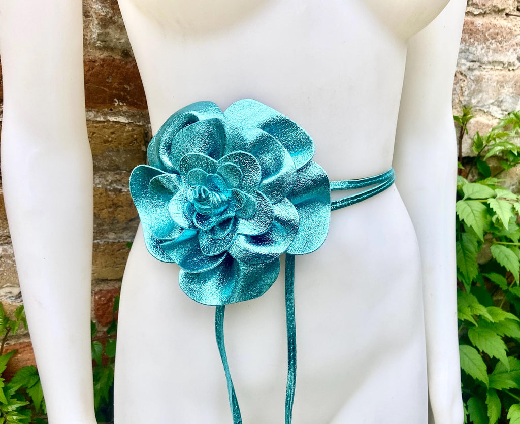 Flower leather belt in metallic turquoise BLUE. Waist, overall or dress belt. Genuine leather. Light blue flower belt.