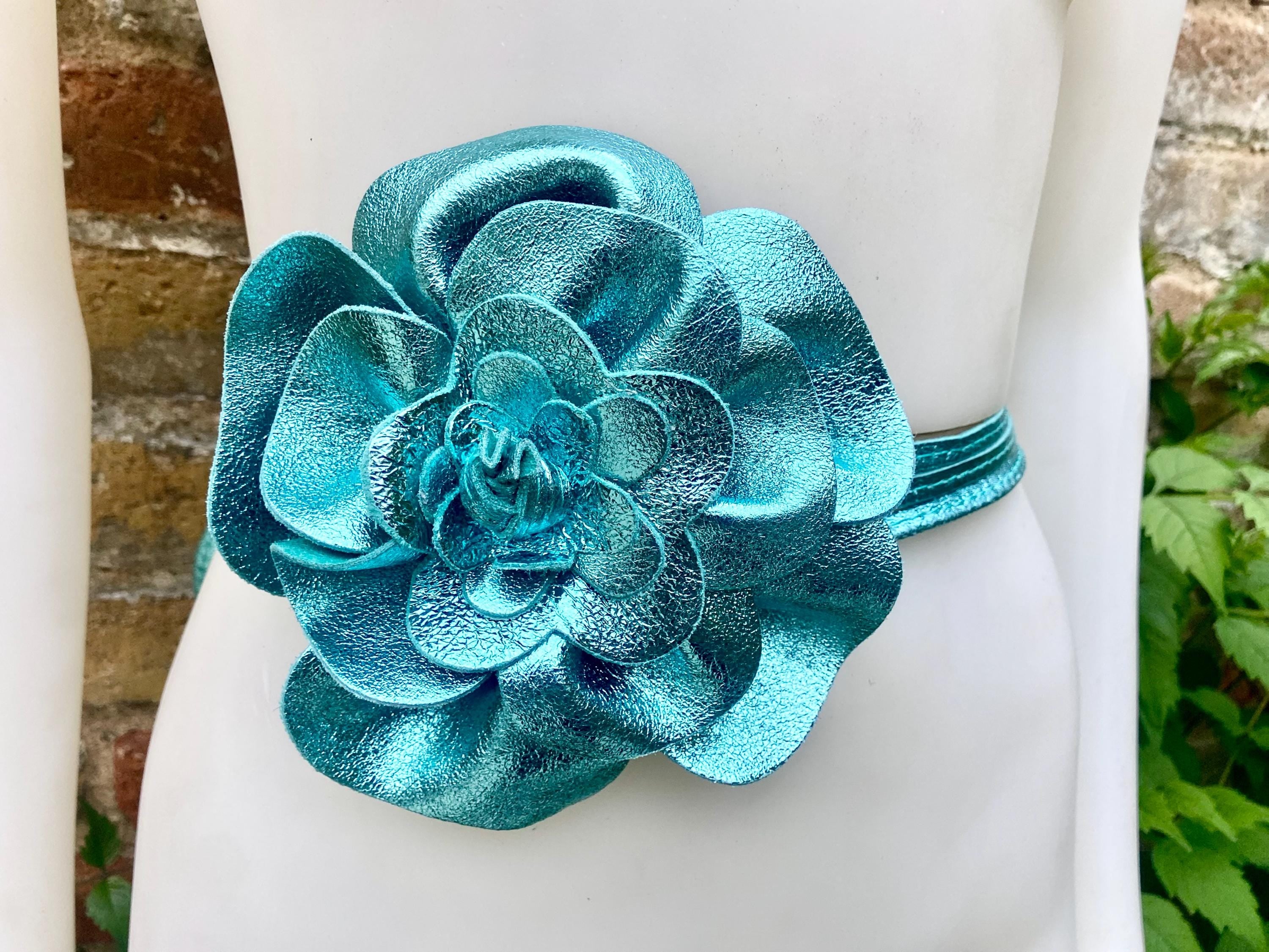 Flower leather belt in metallic turquoise BLUE. Waist, overall or dress belt. Genuine leather. Light blue flower belt.