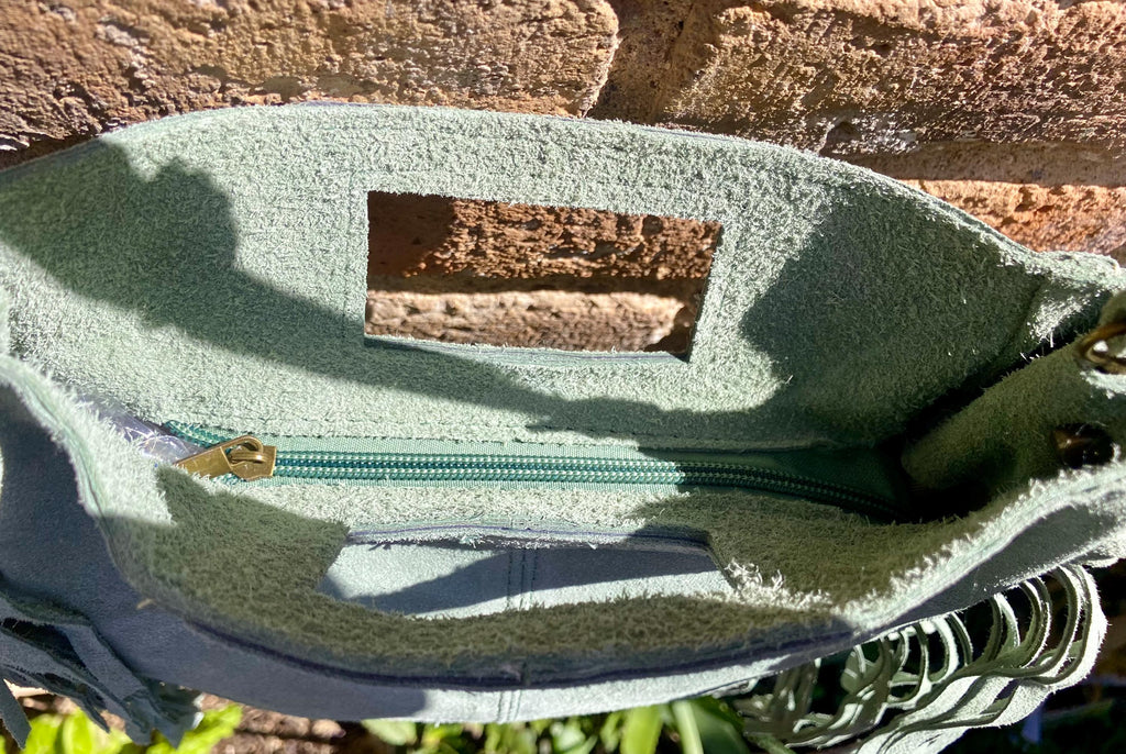 Sage green crossbody fringed bag. BOHO suede leather bag with FRINGES. Light green genuine suede leather. Mint green suede purse.