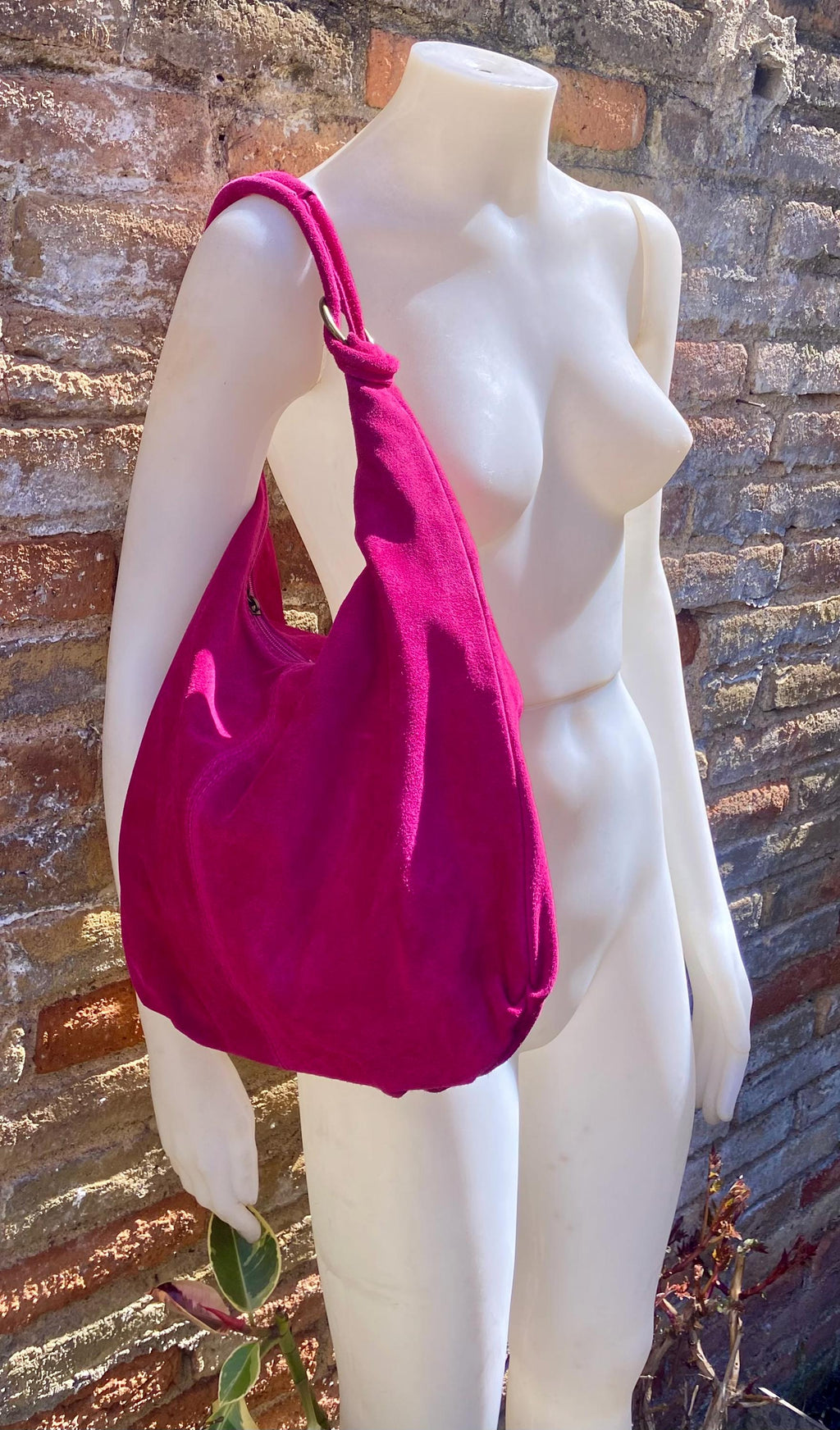 Hot PINK suede slouchy bag with ZIPPER + lining. Soft natural suede shopper, genuine leather bag. Fuchsia suede purse . Hobo suede bag