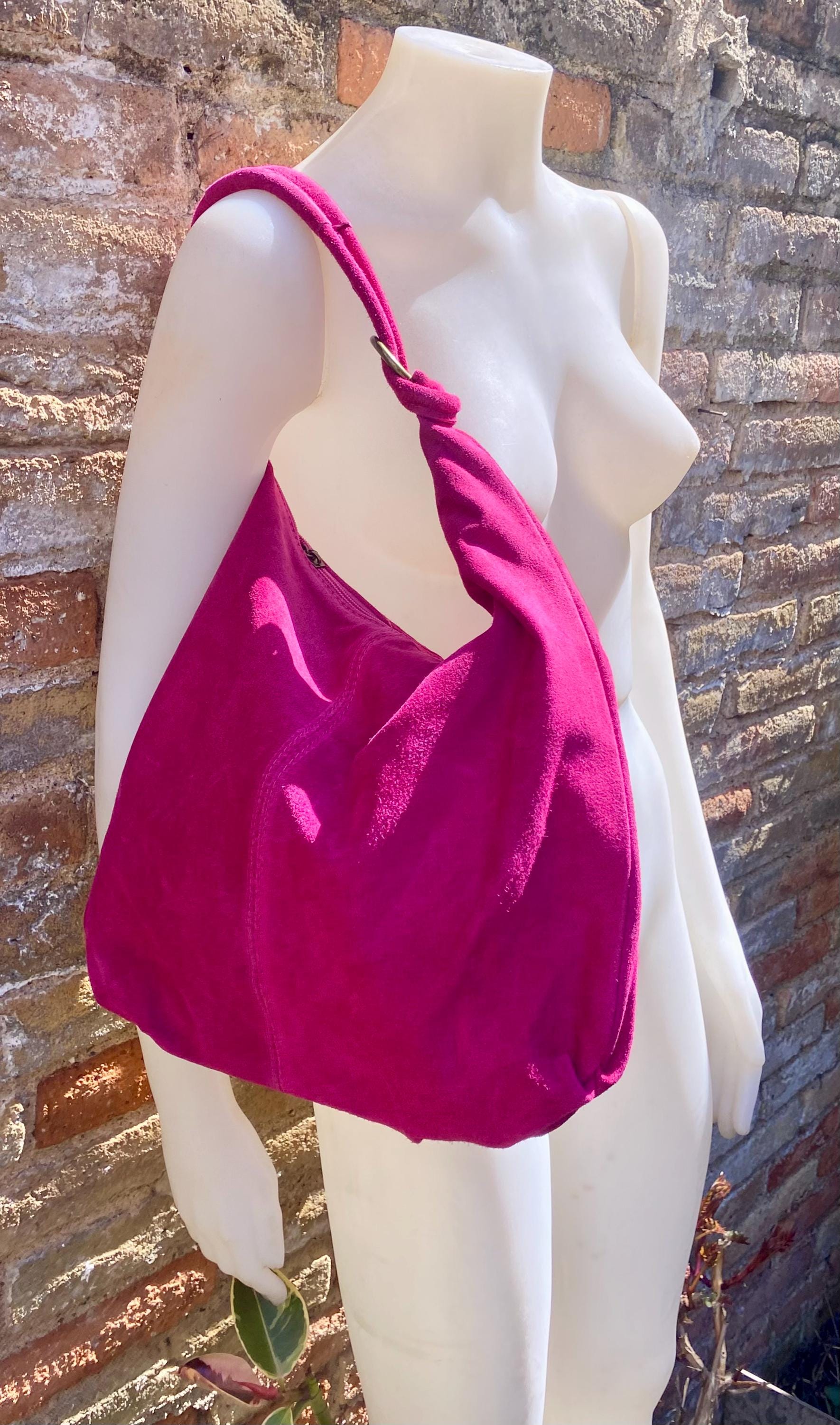 Hot PINK suede slouchy bag with ZIPPER + lining. Soft natural suede shopper, genuine leather bag. Fuchsia suede purse . Hobo suede bag
