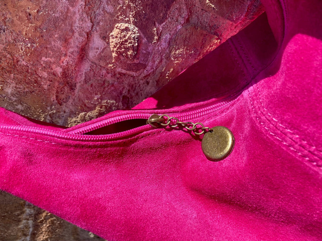 Hot PINK suede slouchy bag with ZIPPER + lining. Soft natural suede shopper, genuine leather bag. Fuchsia suede purse . Hobo suede bag
