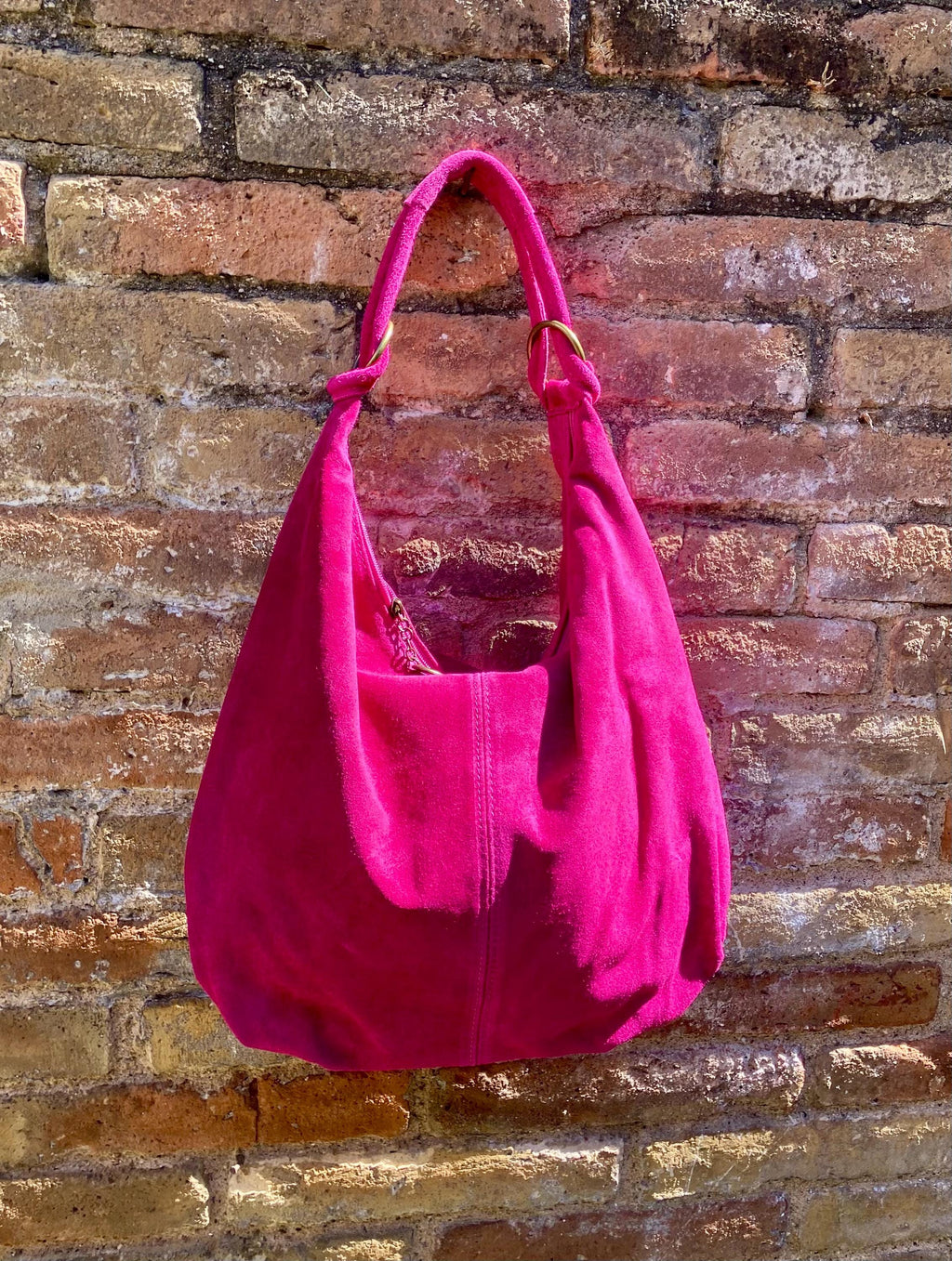 Hot PINK suede slouchy bag with ZIPPER + lining. Soft natural suede shopper, genuine leather bag. Fuchsia suede purse . Hobo suede bag