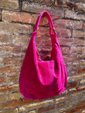 Hot PINK suede slouchy bag with ZIPPER + lining. Soft natural suede shopper, genuine leather bag. Fuchsia suede purse . Hobo suede bag