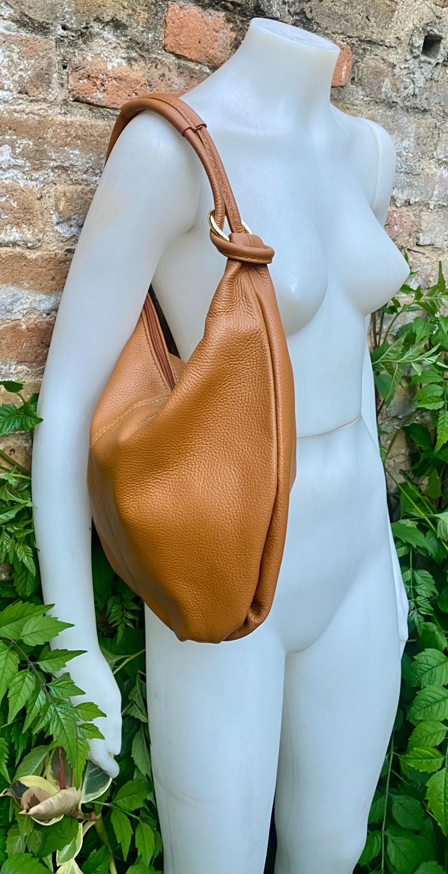 Camel brown leather slouchy bag with ZIPPER + lining. Soft natural genuine leather bag. Light brown leather purse. Brown leather hobo bag