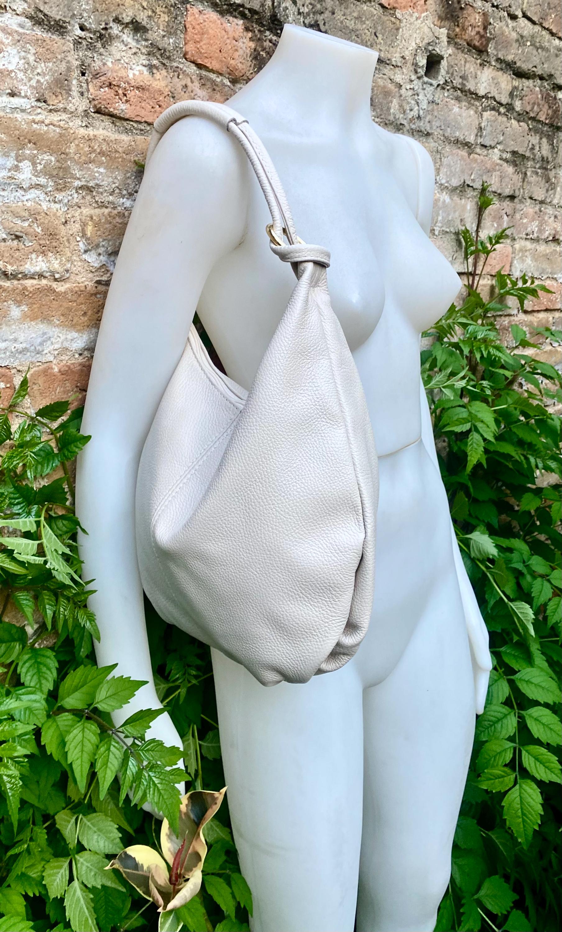 Cream white leather slouchy bag with ZIPPER + lining. Soft natural genuine leather bag. Light beige leather purse. Cream leather hobo bag