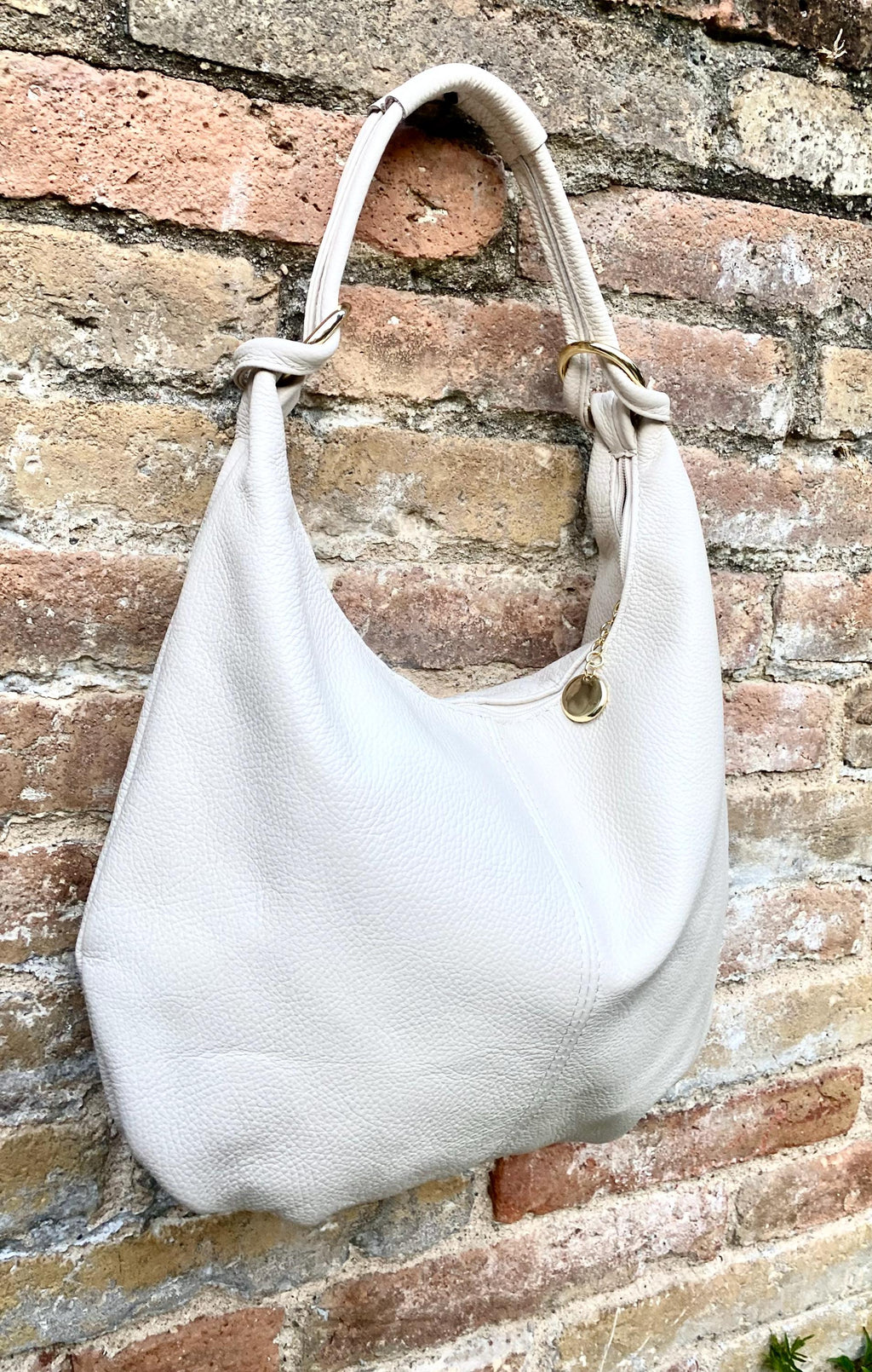 Cream white leather slouchy bag with ZIPPER + lining. Soft natural genuine leather bag. Light beige leather purse. Cream leather hobo bag