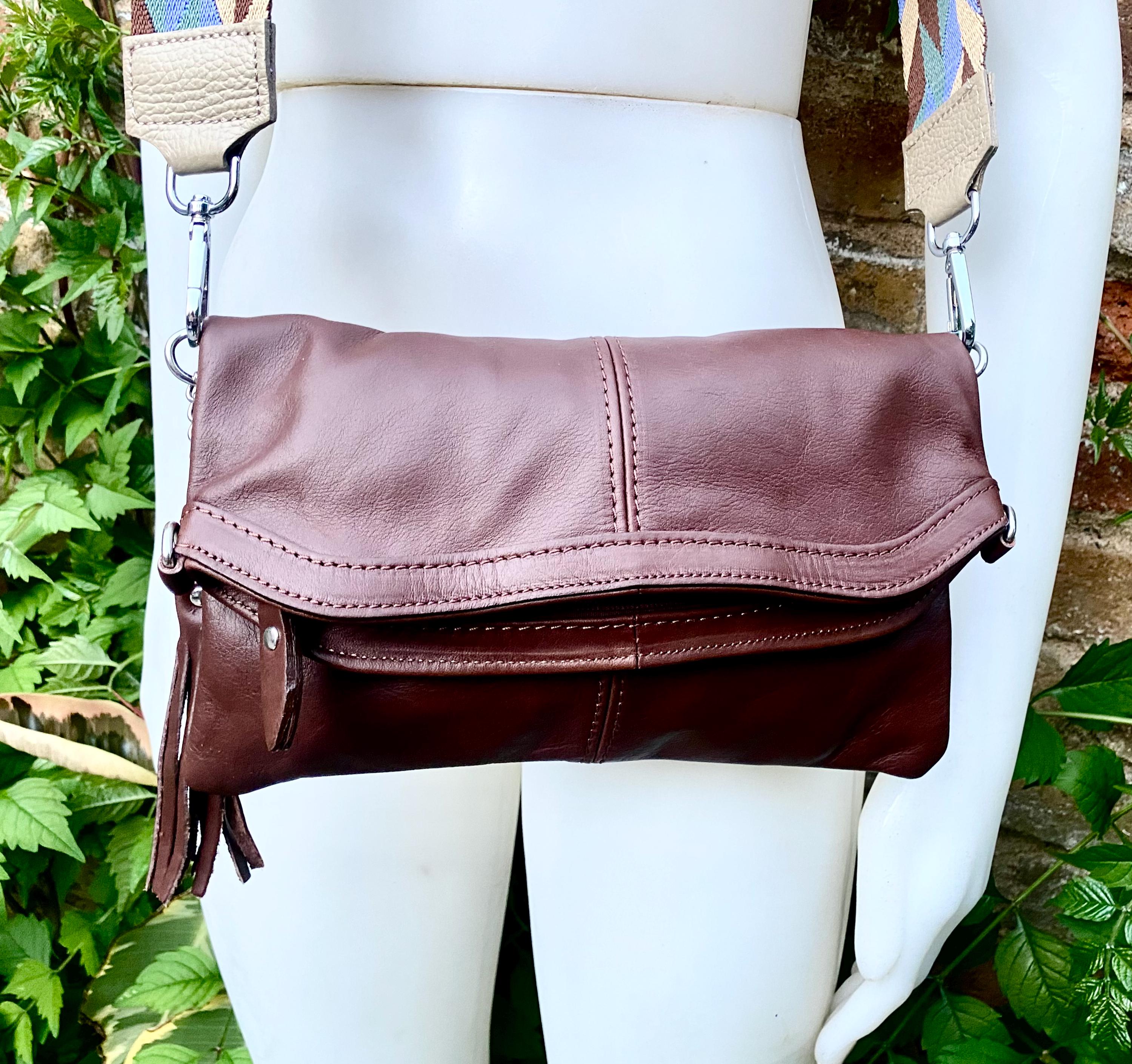 Small leather bag in maroon. Cross body bag, shoulder bag in GENUINE leather. Burgundy - brown bag with adjustable strap, zipper and flap.