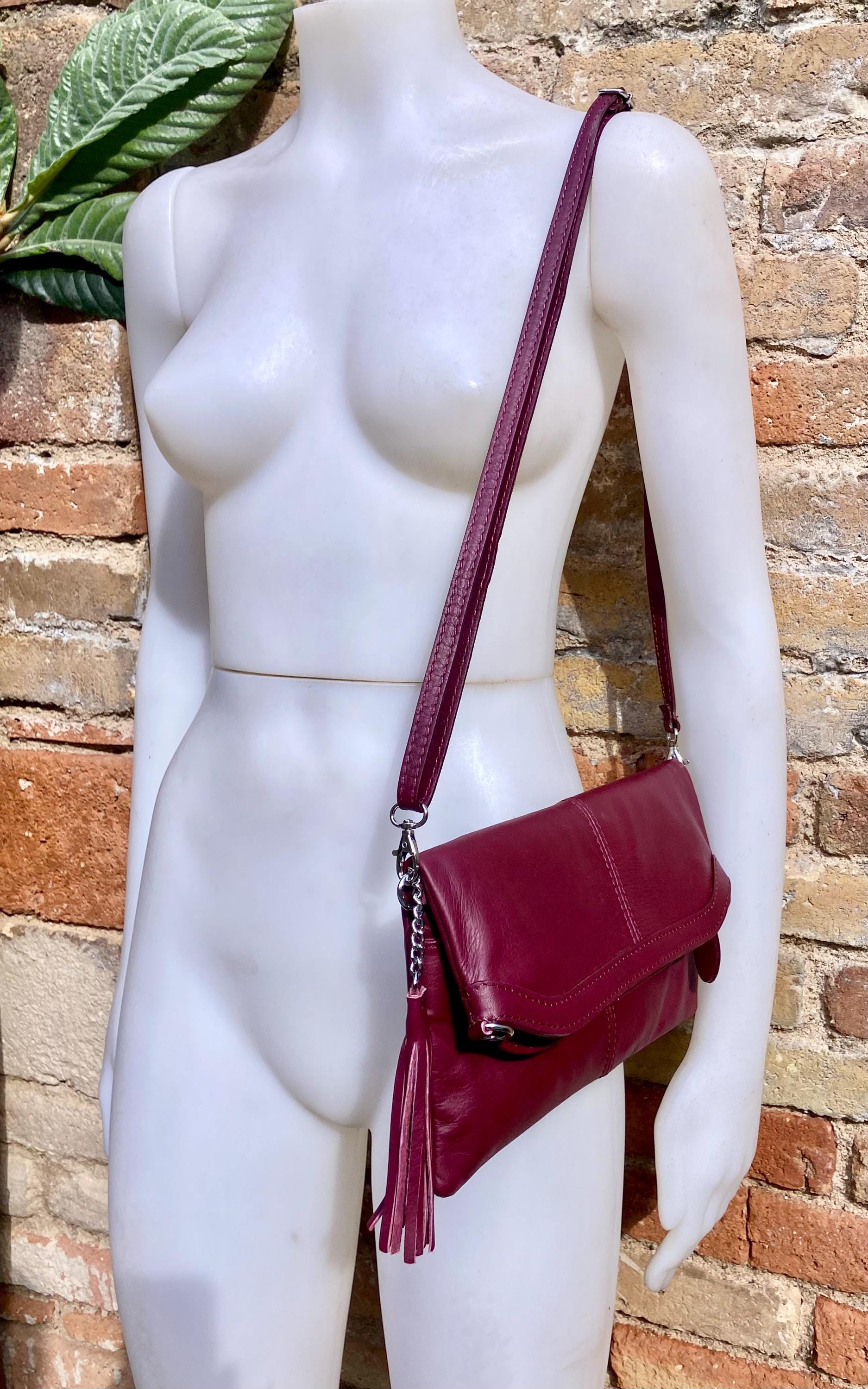 Small leather bag in burgundy. GENUINE leather cross body / shoulder bag in wine red with adjustable strap, zipper and flap.