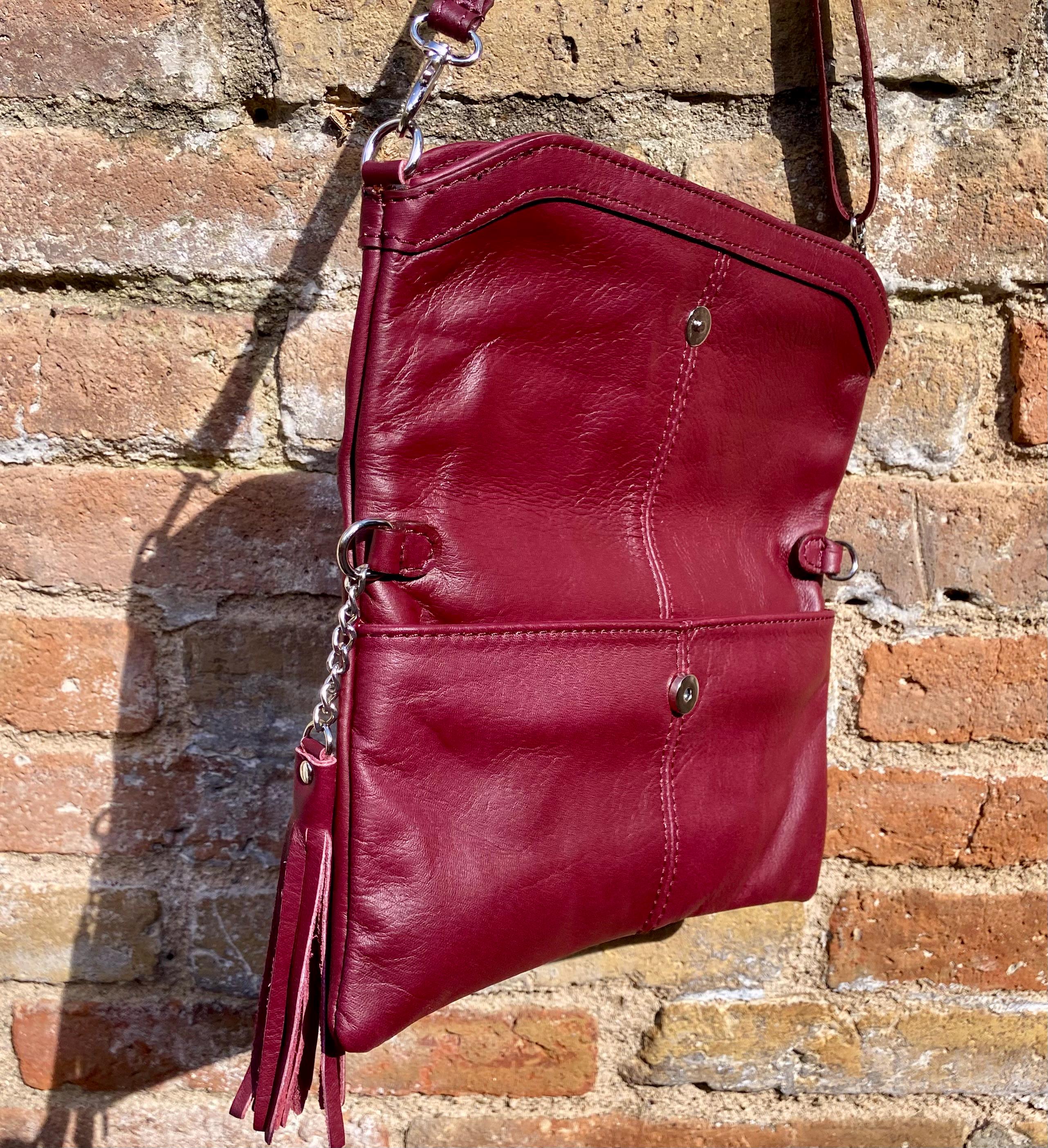 Small leather bag in maroon. Cross body bag, shoulder bag in GENUINE leather. Burgundy - brown bag with adjustable strap, zipper and flap.