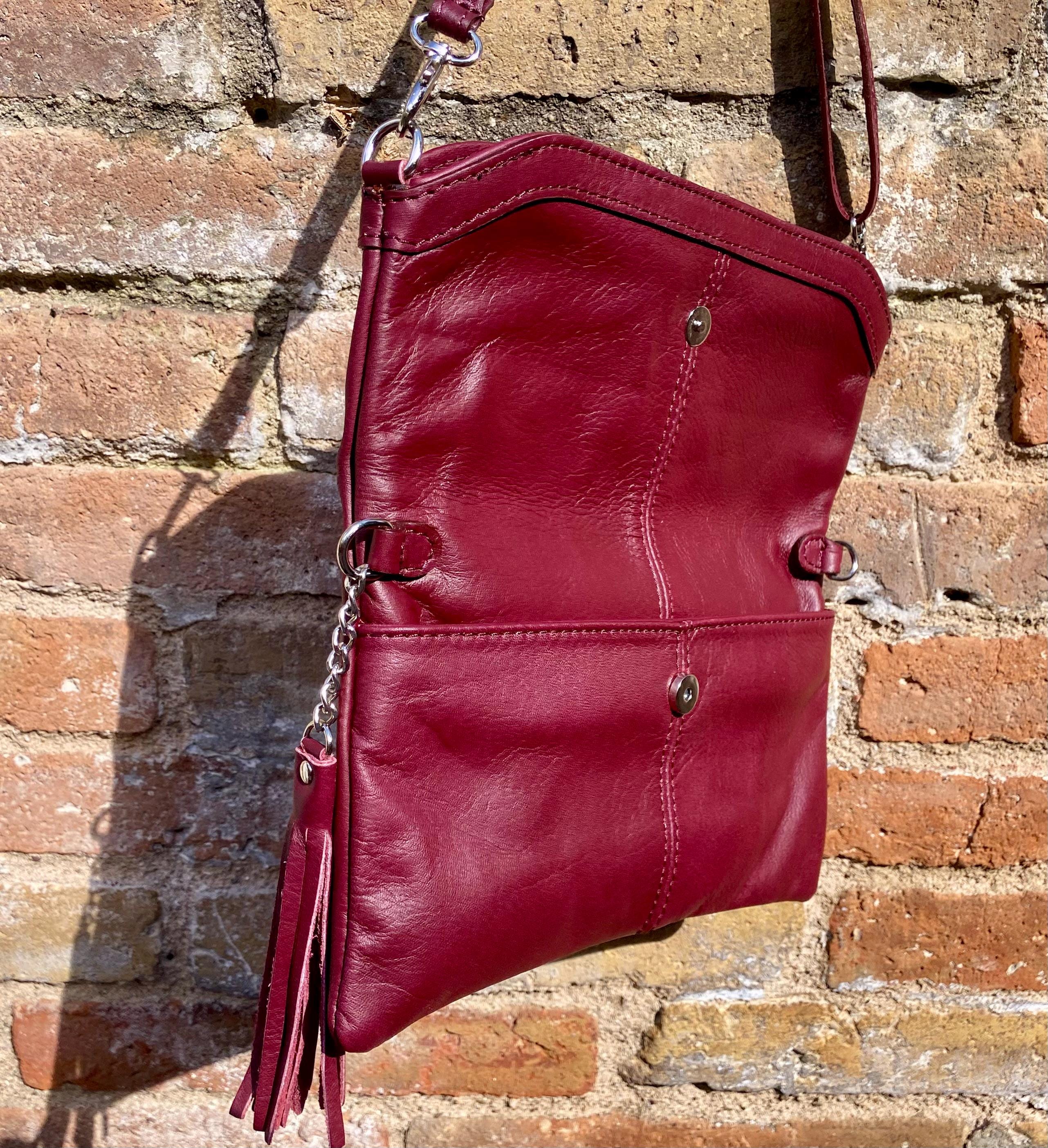 Small leather bag in burgundy. GENUINE leather cross body / shoulder bag in wine red with adjustable strap, zipper and flap.