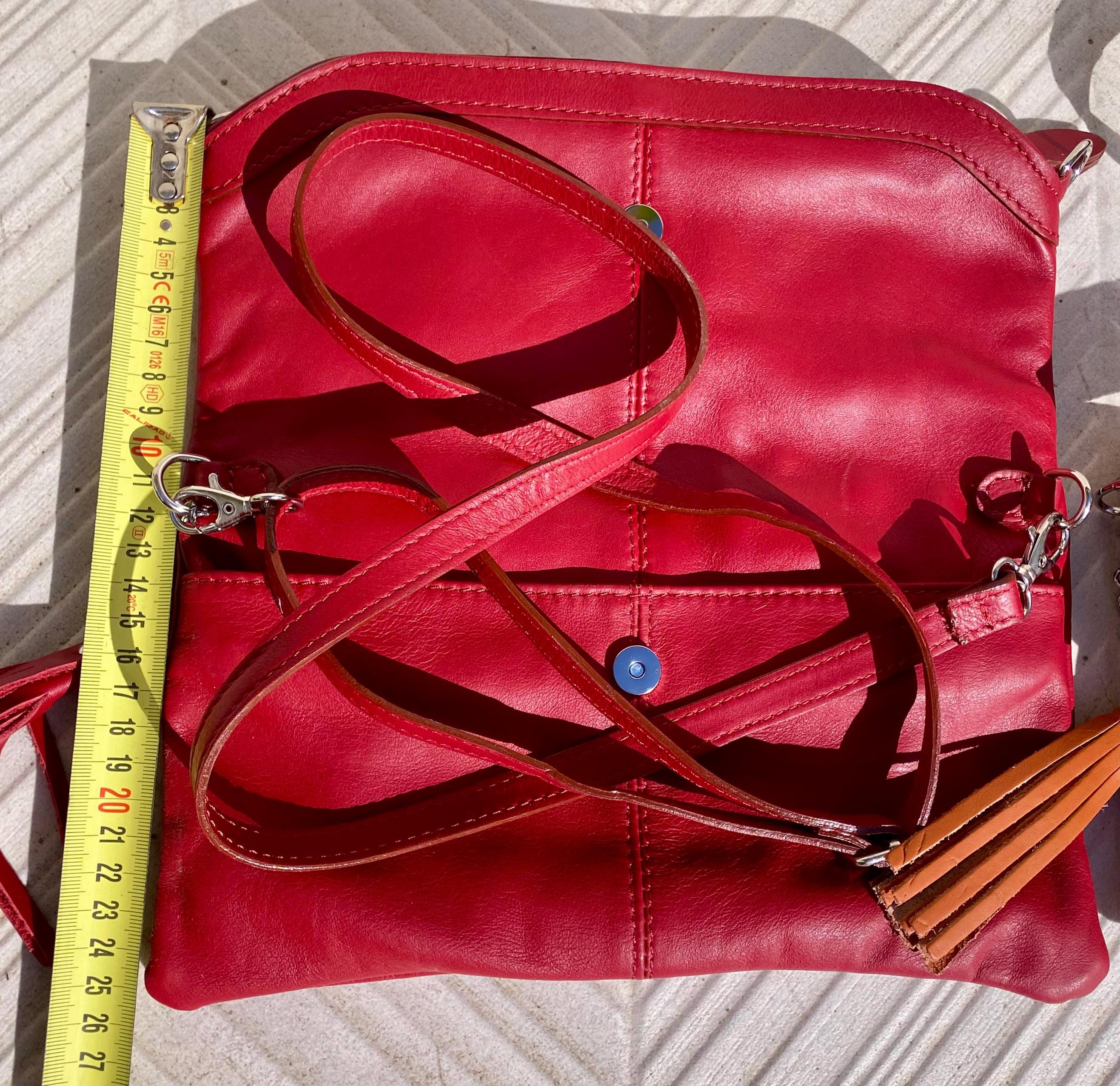Small leather bag in RED. GENUINE leather cross body / shoulder bag in red with adjustable strap, zipper and flap.