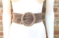 Light brown suede waist belt with large round buckle. Soft suede belt in taupe color. Boho suede belt. Greyge genuine natural suede leather.