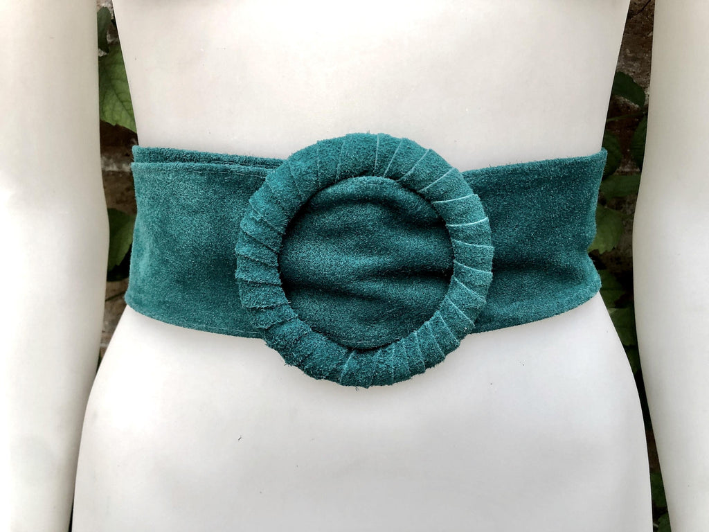 Teal blue - green suede waist belt with large round buckle.Boho soft suede belt. Genuine natural dark green suede leather