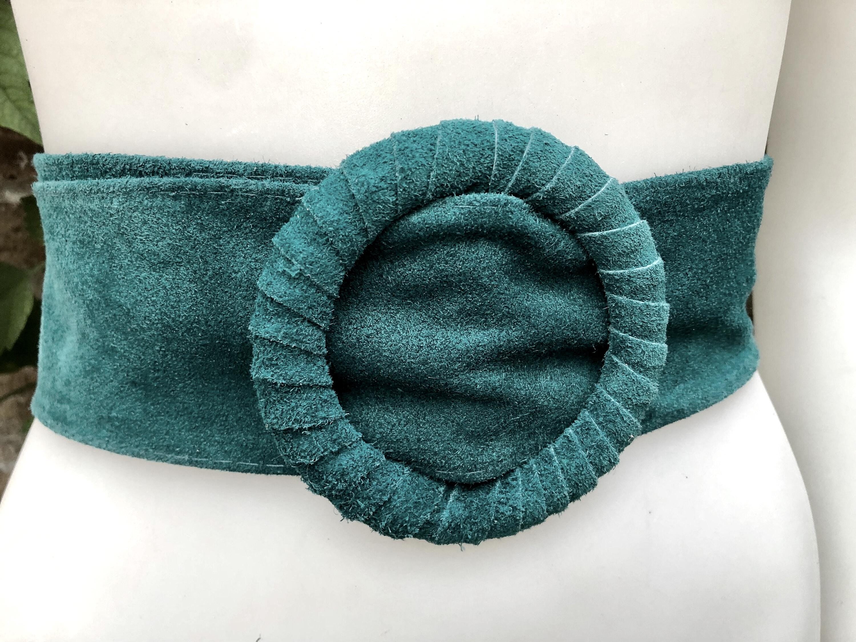 Teal blue - green suede waist belt with large round buckle.Boho soft suede belt. Genuine natural dark green suede leather
