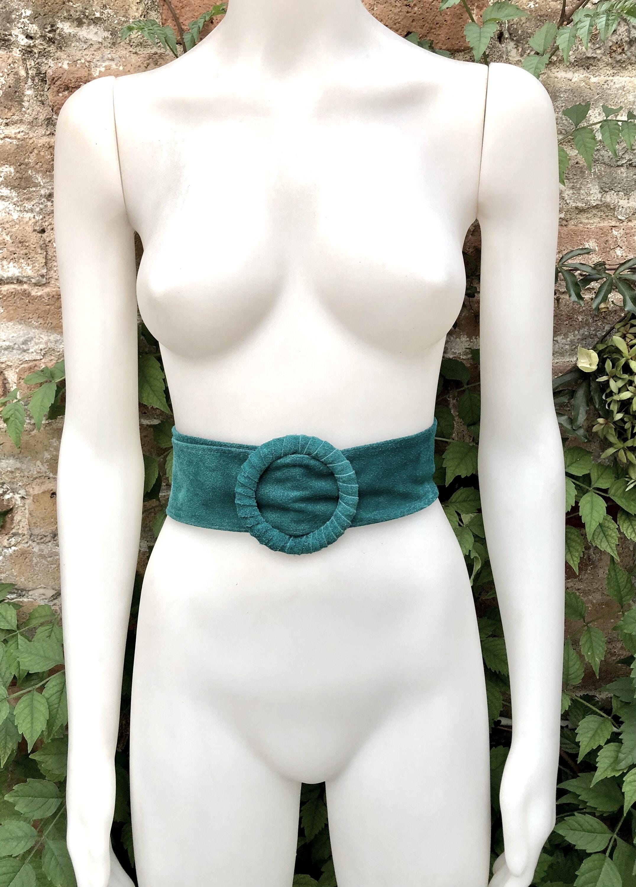 Teal blue - green suede waist belt with large round buckle.Boho soft suede belt. Genuine natural dark green suede leather