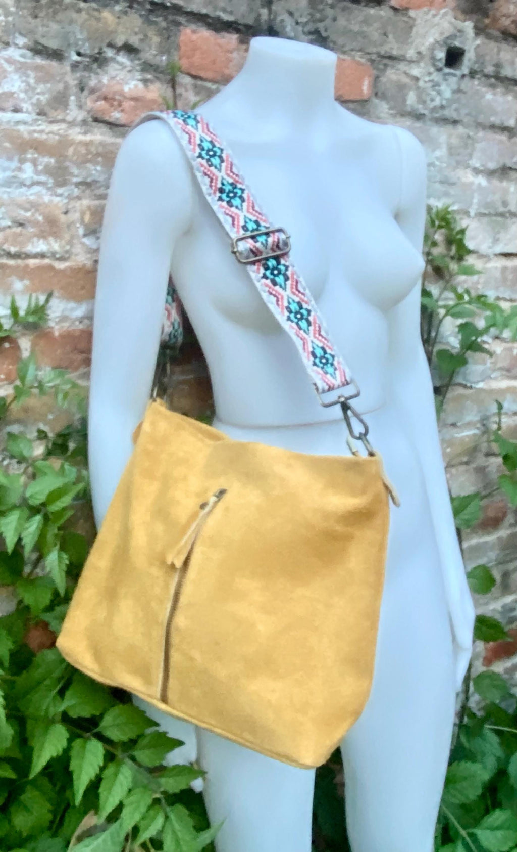 Mustard yellow suede leather bag with embroidered strap. Boho messenger bag. GENUINE LEATHER cross body / shoulder bag. Yellow suede purse