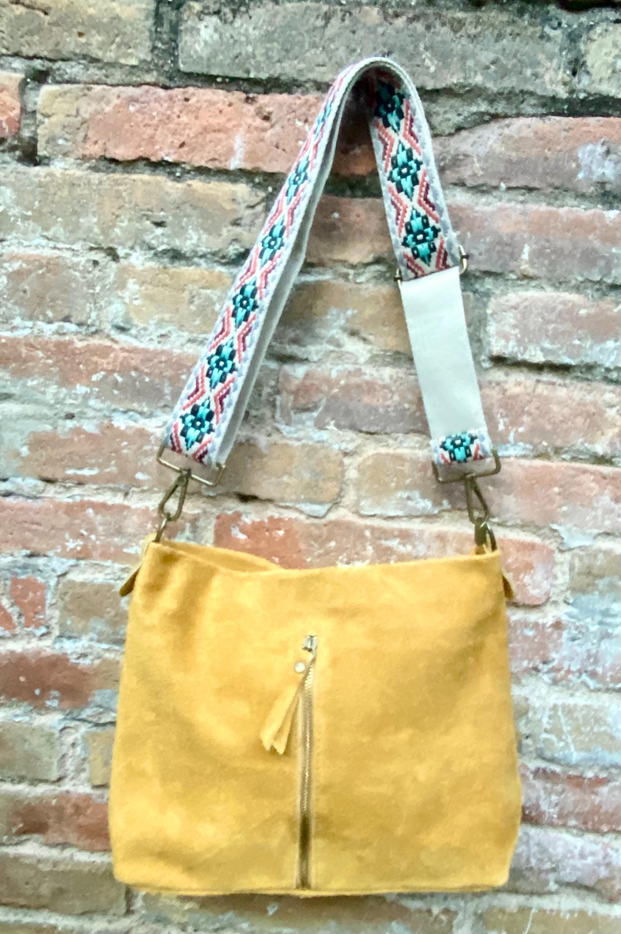 Mustard yellow suede leather bag with embroidered strap. Boho messenger bag. GENUINE LEATHER cross body / shoulder bag. Yellow suede purse