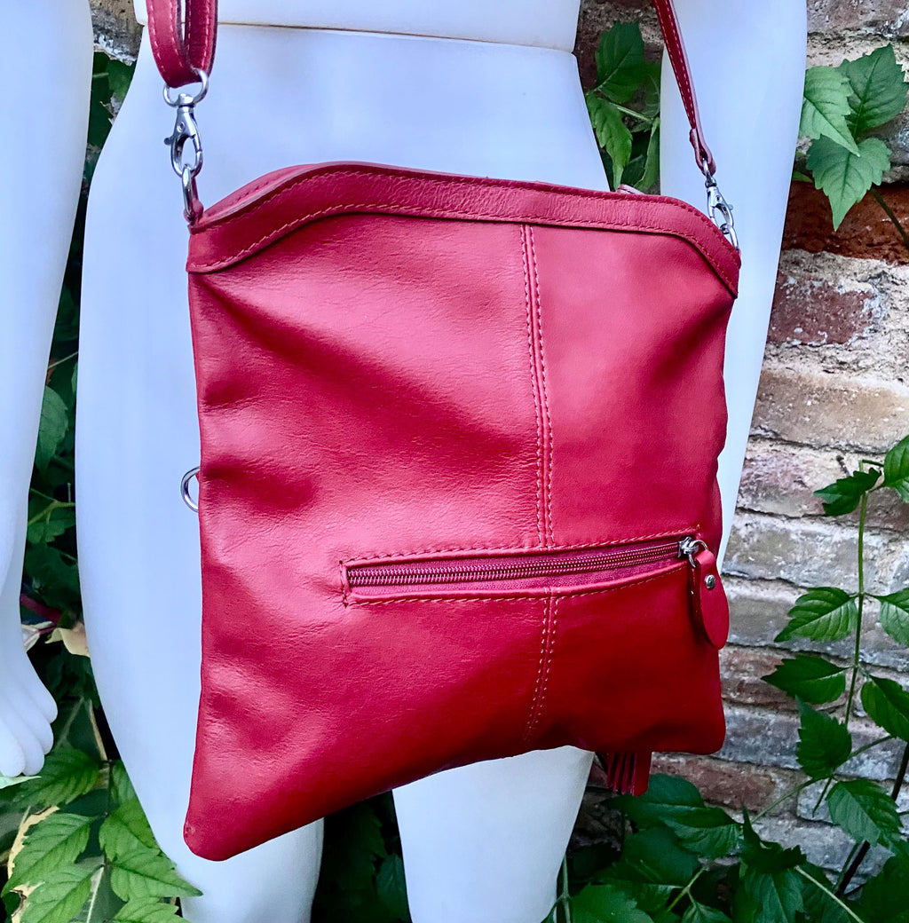 Small leather bag in RED. GENUINE leather cross body / shoulder bag in red with adjustable strap, zipper and flap.