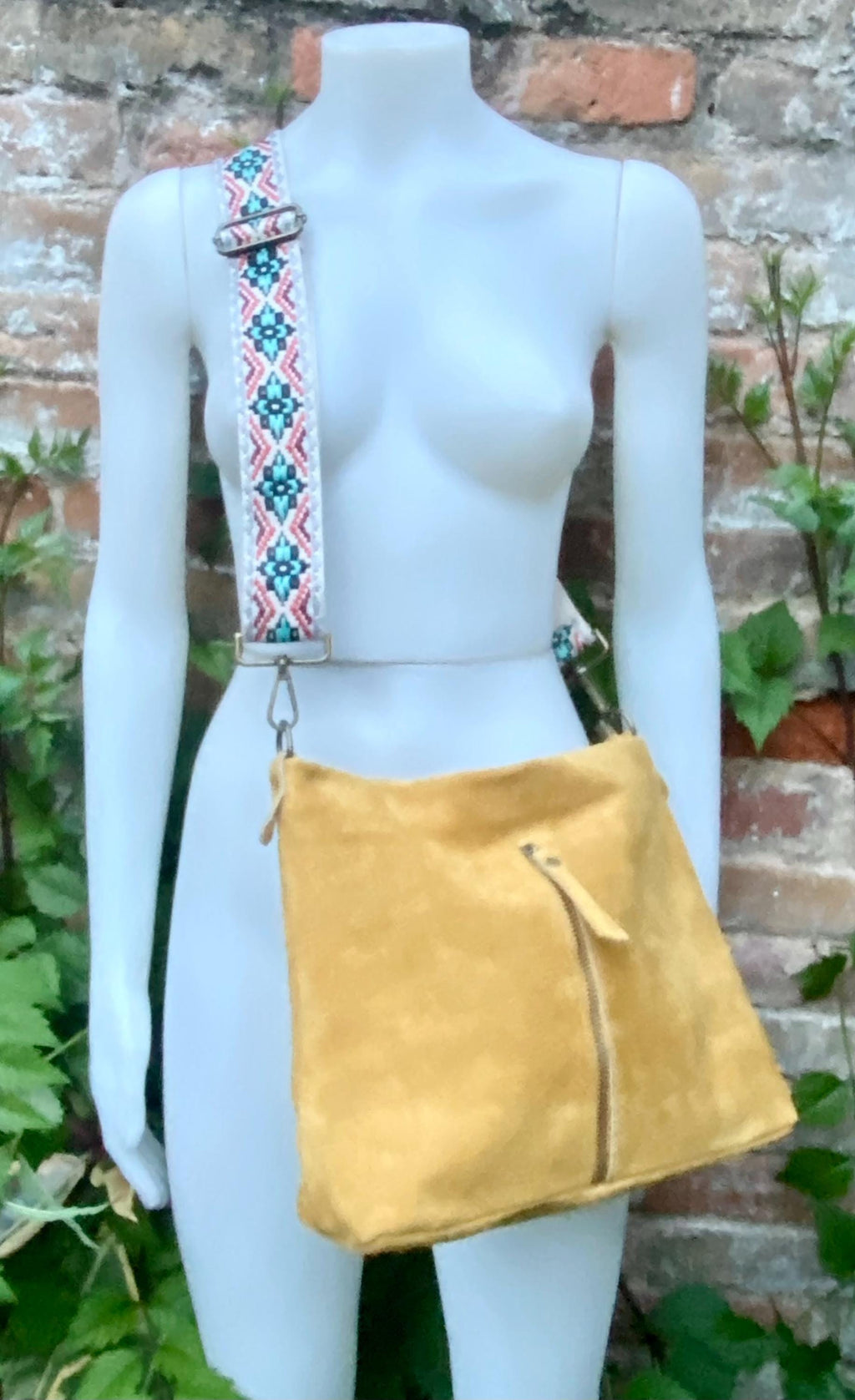 Mustard yellow suede leather bag with embroidered strap. Boho messenger bag. GENUINE LEATHER cross body / shoulder bag. Yellow suede purse
