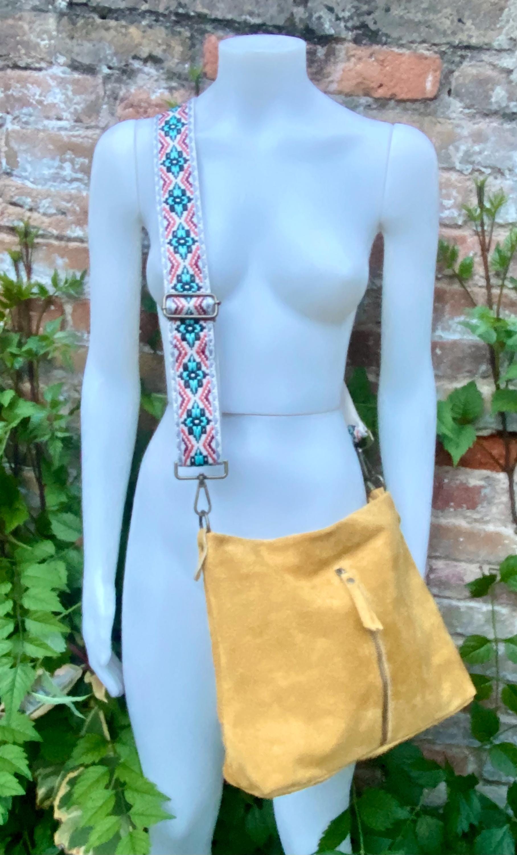 Mustard yellow suede leather bag with embroidered strap. Boho messenger bag. GENUINE LEATHER cross body / shoulder bag. Yellow suede purse