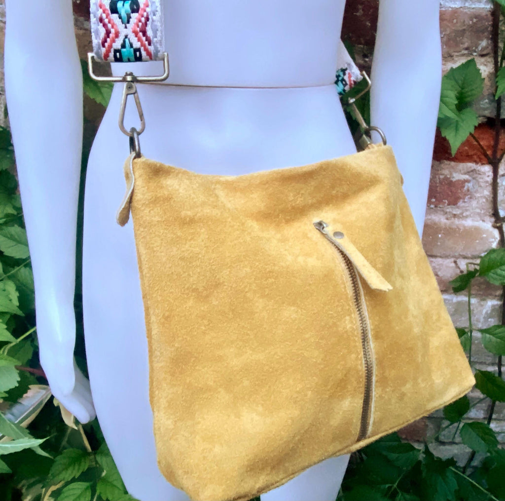 Mustard yellow suede leather bag with embroidered strap. Boho messenger bag. GENUINE LEATHER cross body / shoulder bag. Yellow suede purse