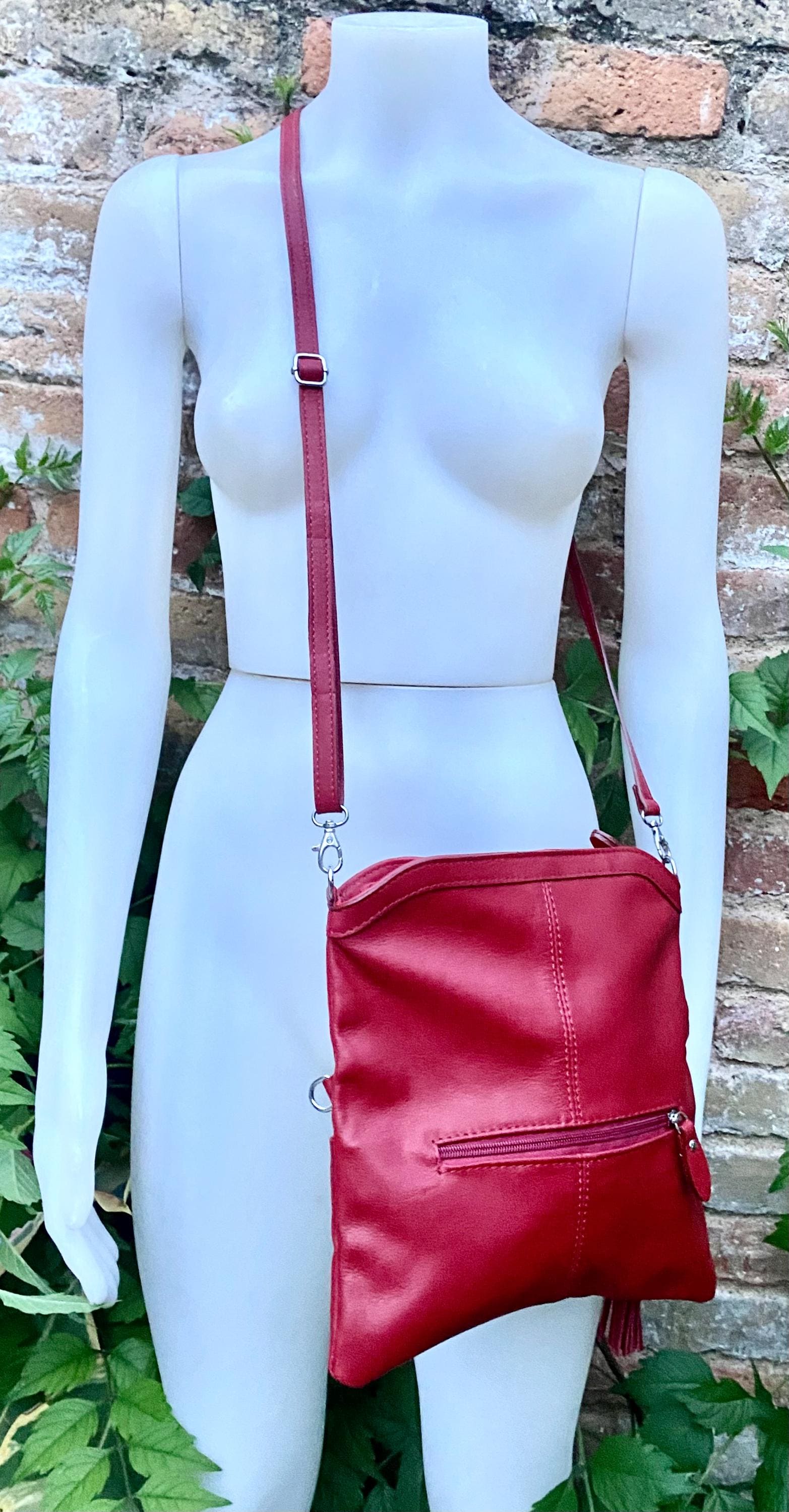 Small leather bag in RED. GENUINE leather cross body / shoulder bag in red with adjustable strap, zipper and flap.