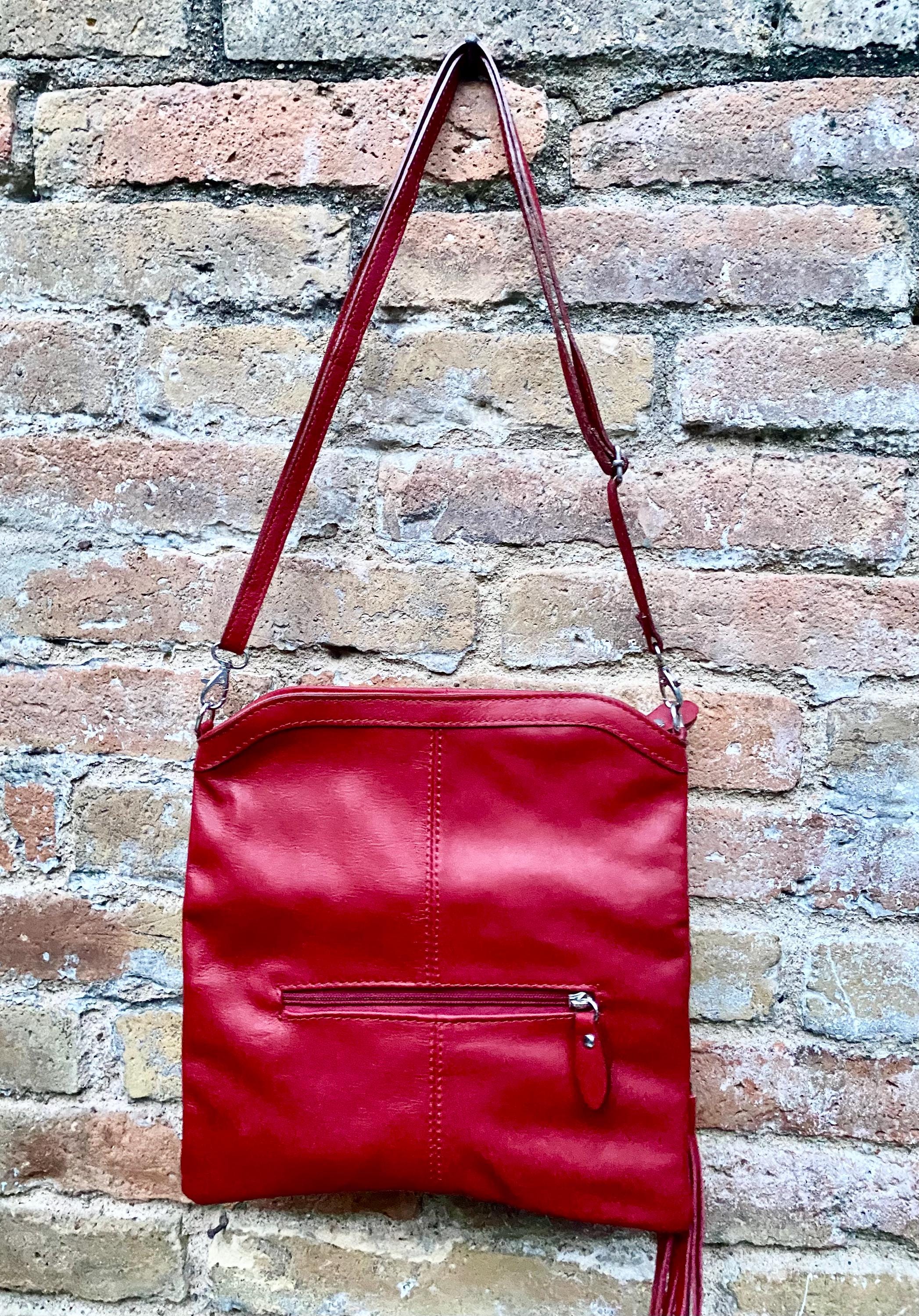 Small leather bag in RED. GENUINE leather cross body / shoulder bag in red with adjustable strap, zipper and flap.