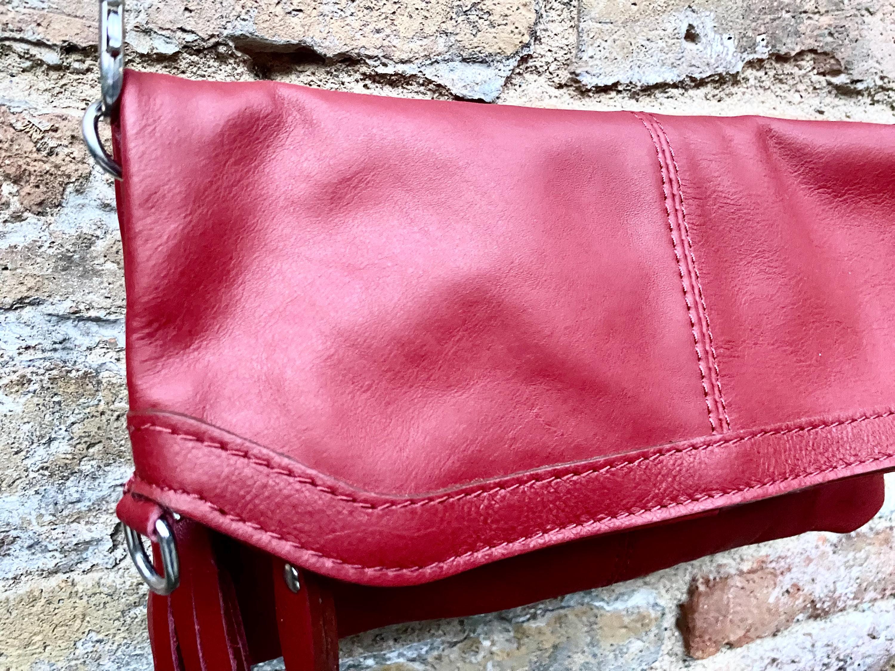 Small leather bag in RED. GENUINE leather cross body / shoulder bag in red with adjustable strap, zipper and flap.