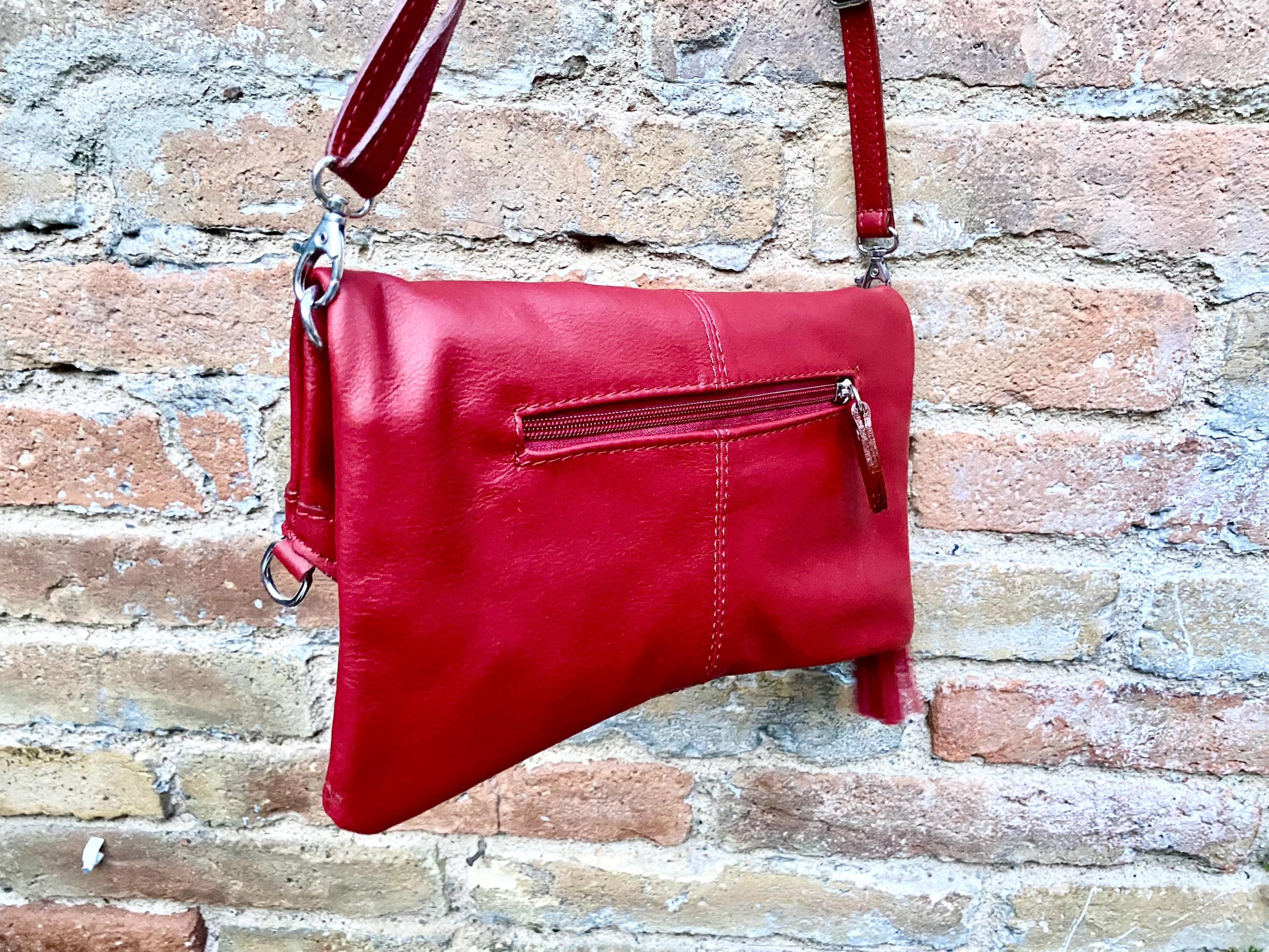 Small leather bag in RED. GENUINE leather cross body / shoulder bag in red with adjustable strap, zipper and flap.