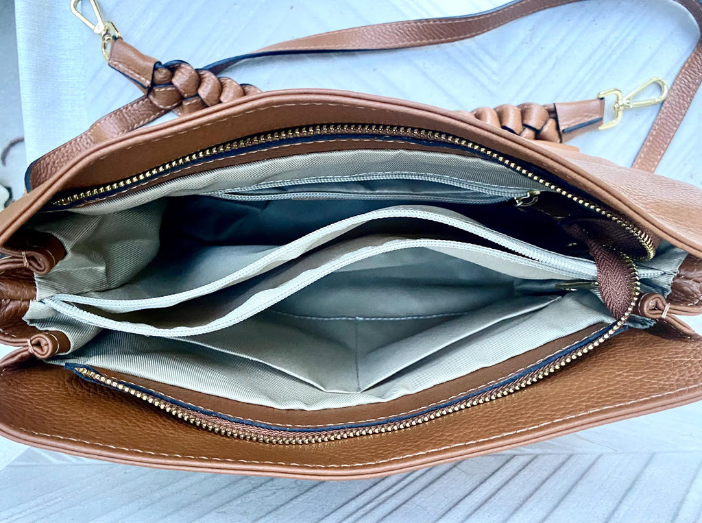 CAMEL BROWN genuine leather bag. Hand / shoulder / crossbody bag. Removable longer adjustable strap. Light tobacco shopper bag. Taupe purse