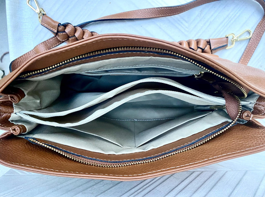 CAMEL BROWN genuine leather bag. Hand / shoulder / crossbody bag. Removable longer adjustable strap. Light tobacco shopper bag. Taupe purse