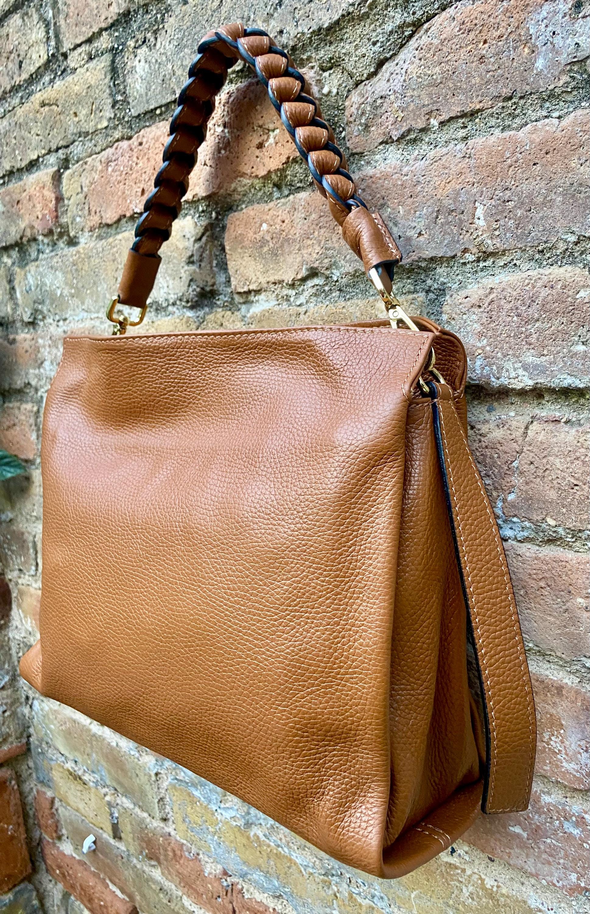 CAMEL BROWN genuine leather bag. Hand / shoulder / crossbody bag. Removable longer adjustable strap. Light tobacco shopper bag. Taupe purse