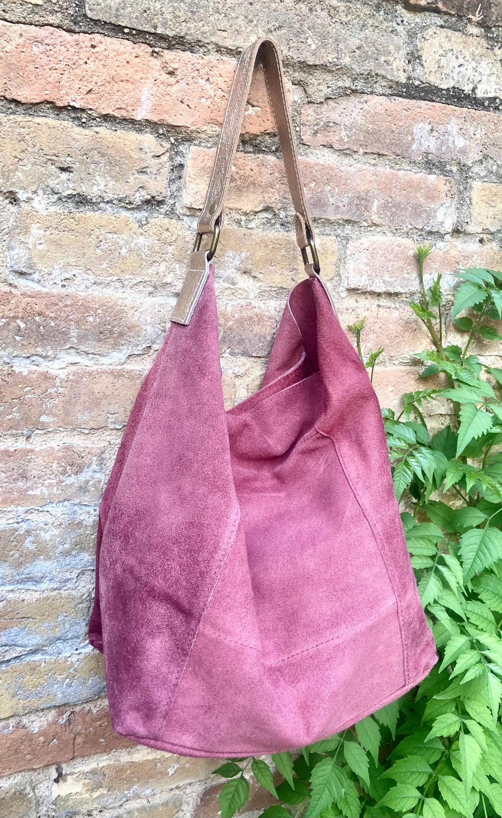 Raspberry PINK slouch suede bag, wide GOLD leather strap. Soft genuine suede leather shopper / hobo bag. Pink suede purse