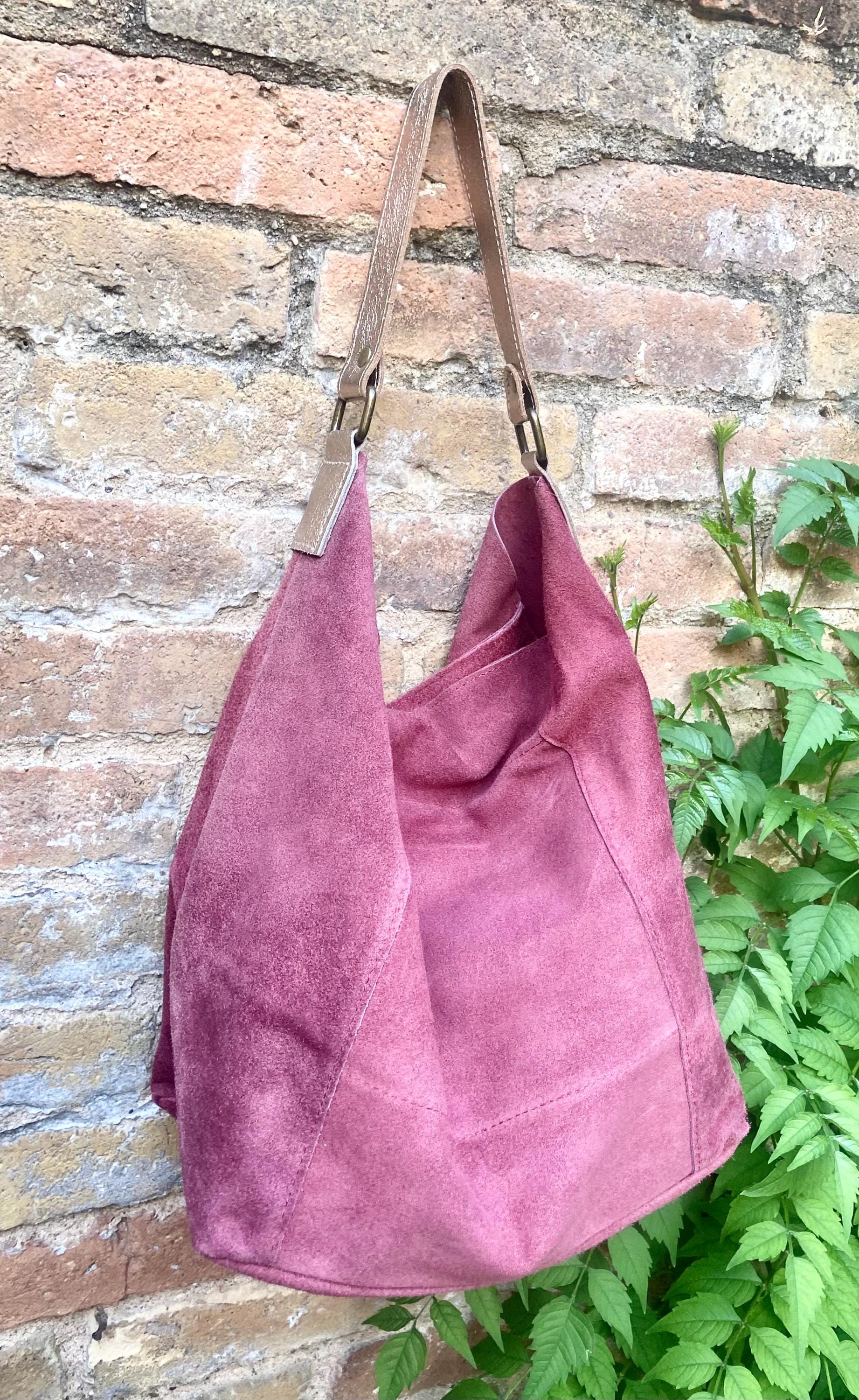 Raspberry PINK slouch suede bag, wide GOLD leather strap. Soft genuine suede leather shopper / hobo bag. Pink suede purse
