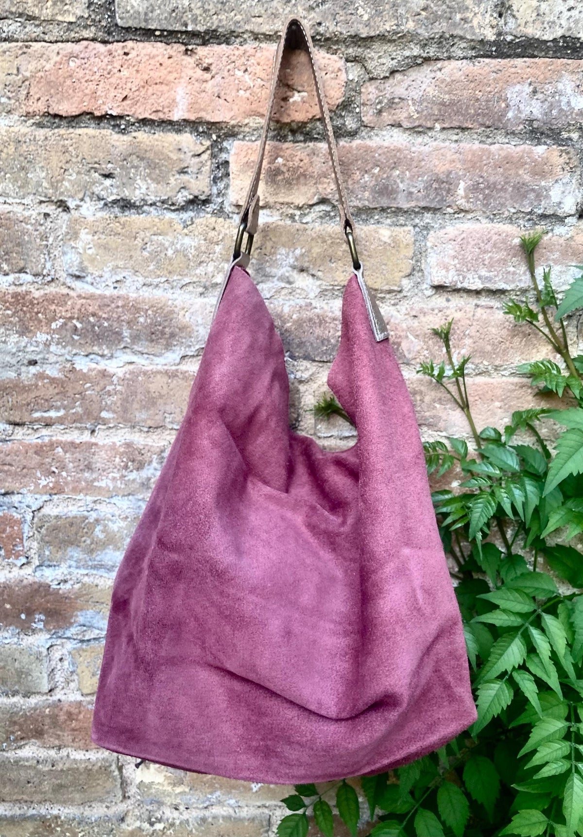 Raspberry PINK slouch suede bag, wide GOLD leather strap. Soft genuine suede leather shopper / hobo bag. Pink suede purse