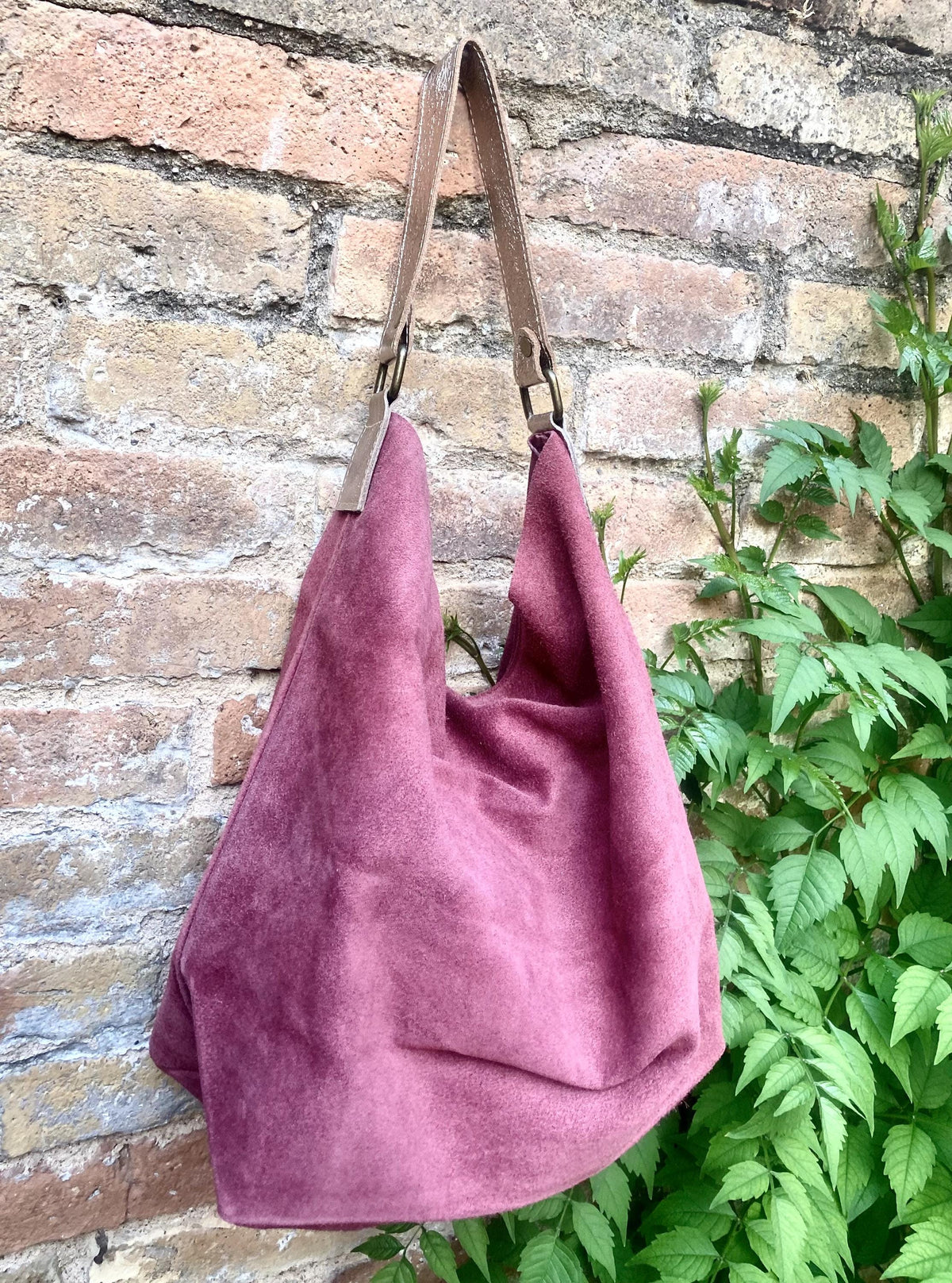 Raspberry PINK slouch suede bag, wide GOLD leather strap. Soft genuine suede leather shopper / hobo bag. Pink suede purse