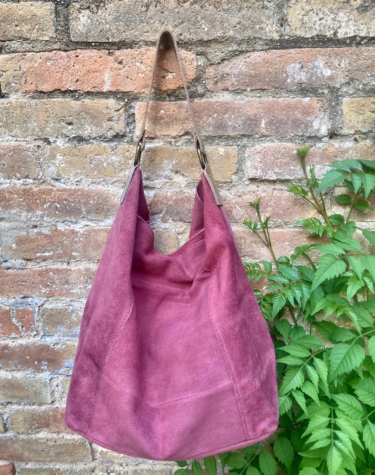 Raspberry PINK slouch suede bag, wide GOLD leather strap. Soft genuine suede leather shopper / hobo bag. Pink suede purse