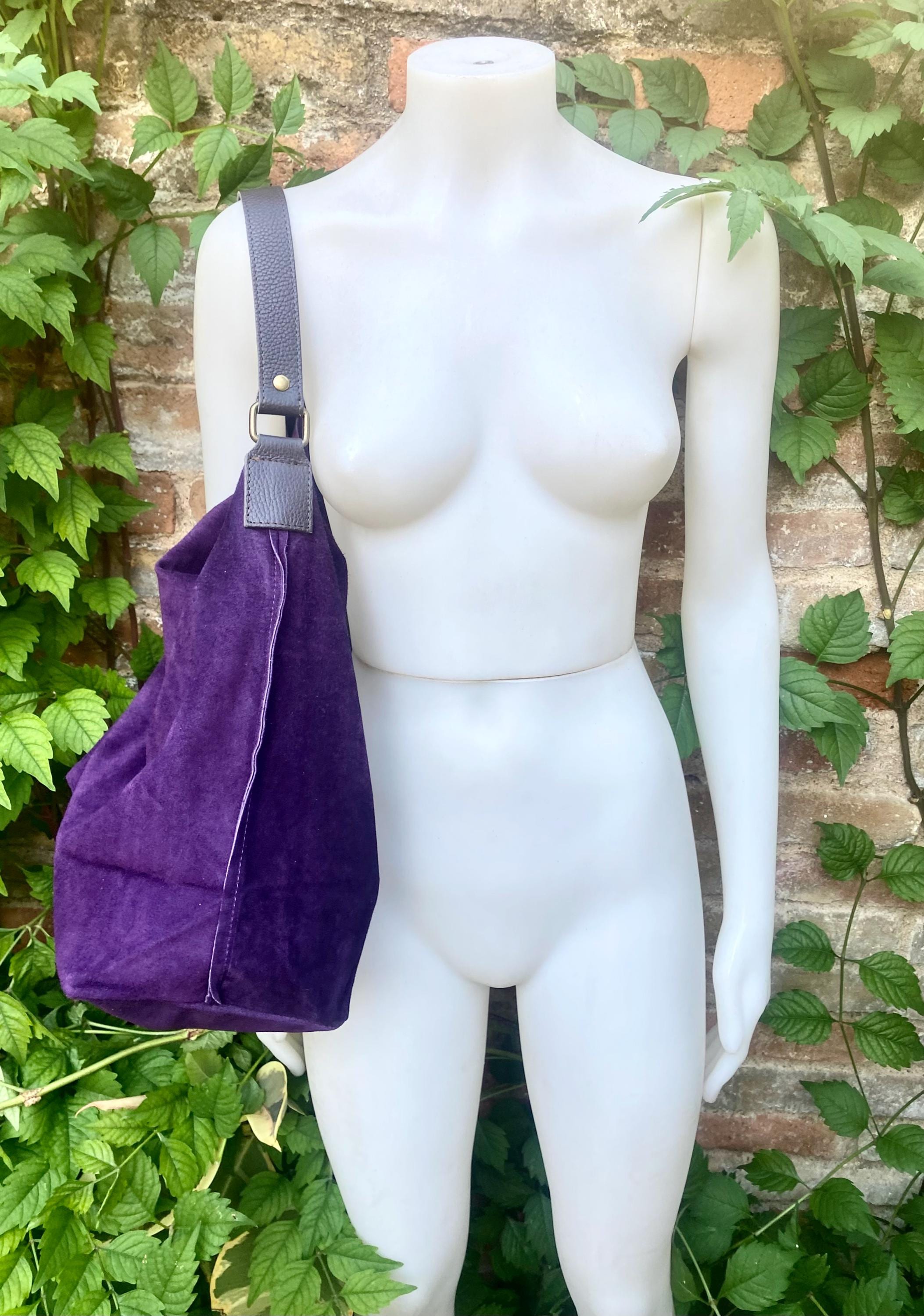 PURPLE slouch suede bag, wide BROWN leather strap. Soft genuine suede leather shopper / hobo bag. Purple suede purse