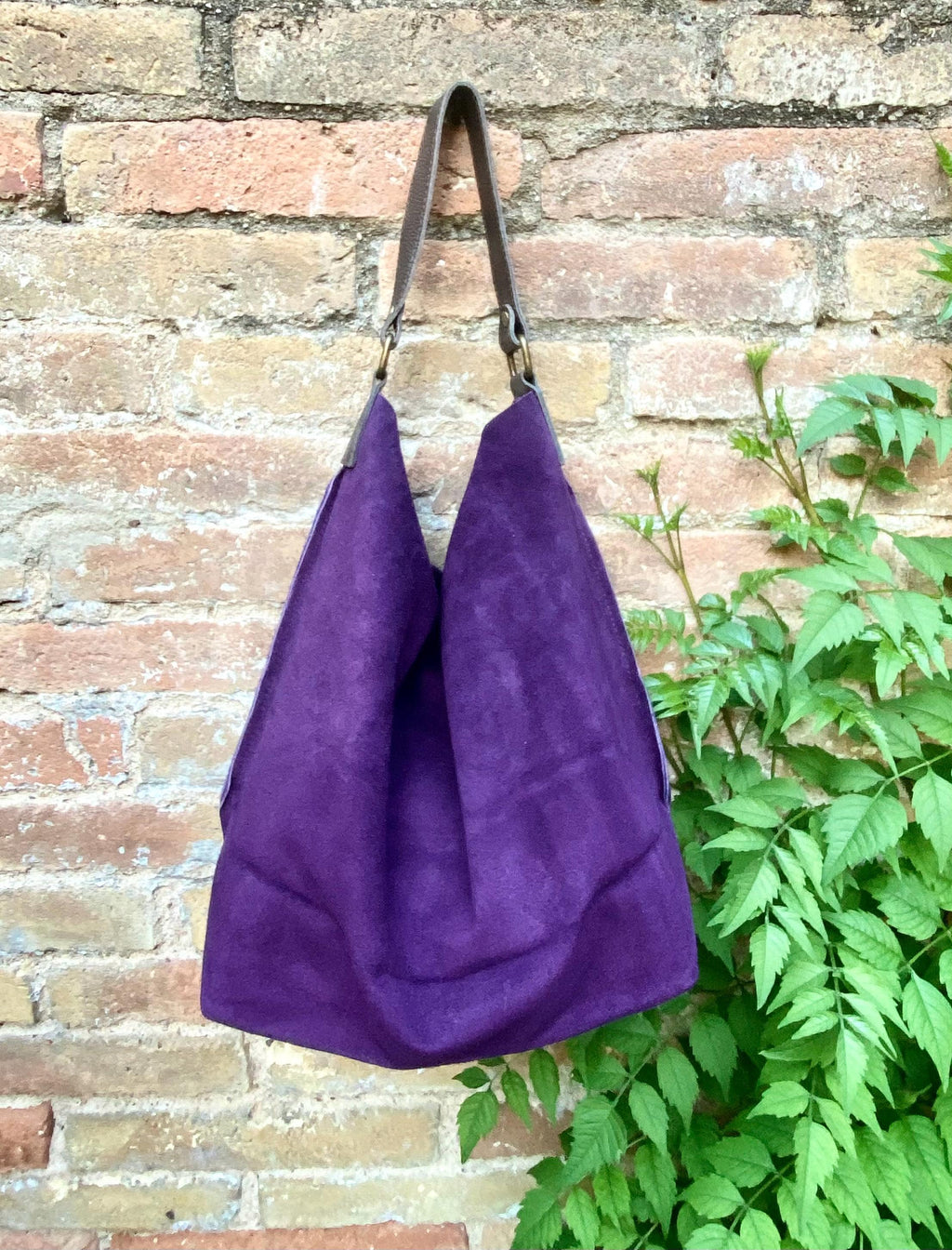 PURPLE slouch suede bag, wide BROWN leather strap. Soft genuine suede leather shopper / hobo bag. Purple suede purse
