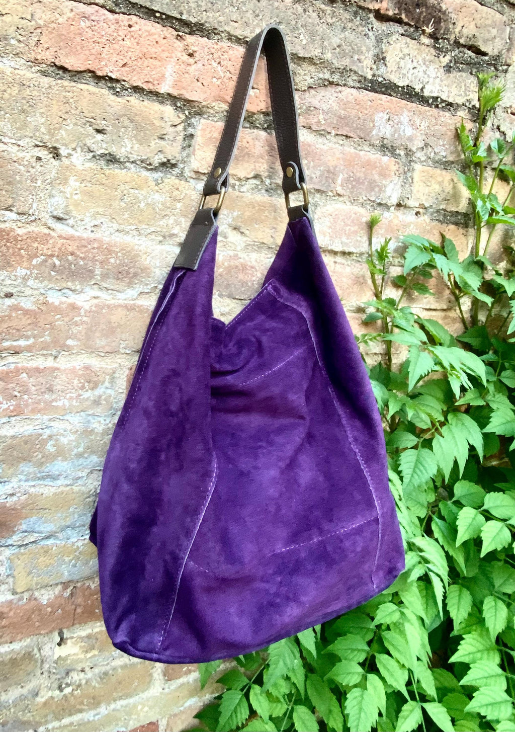 PURPLE slouch suede bag, wide BROWN leather strap. Soft genuine suede leather shopper / hobo bag. Purple suede purse
