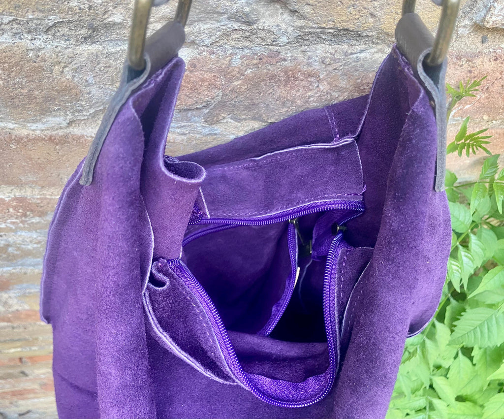 PURPLE slouch suede bag, wide BROWN leather strap. Soft genuine suede leather shopper / hobo bag. Purple suede purse