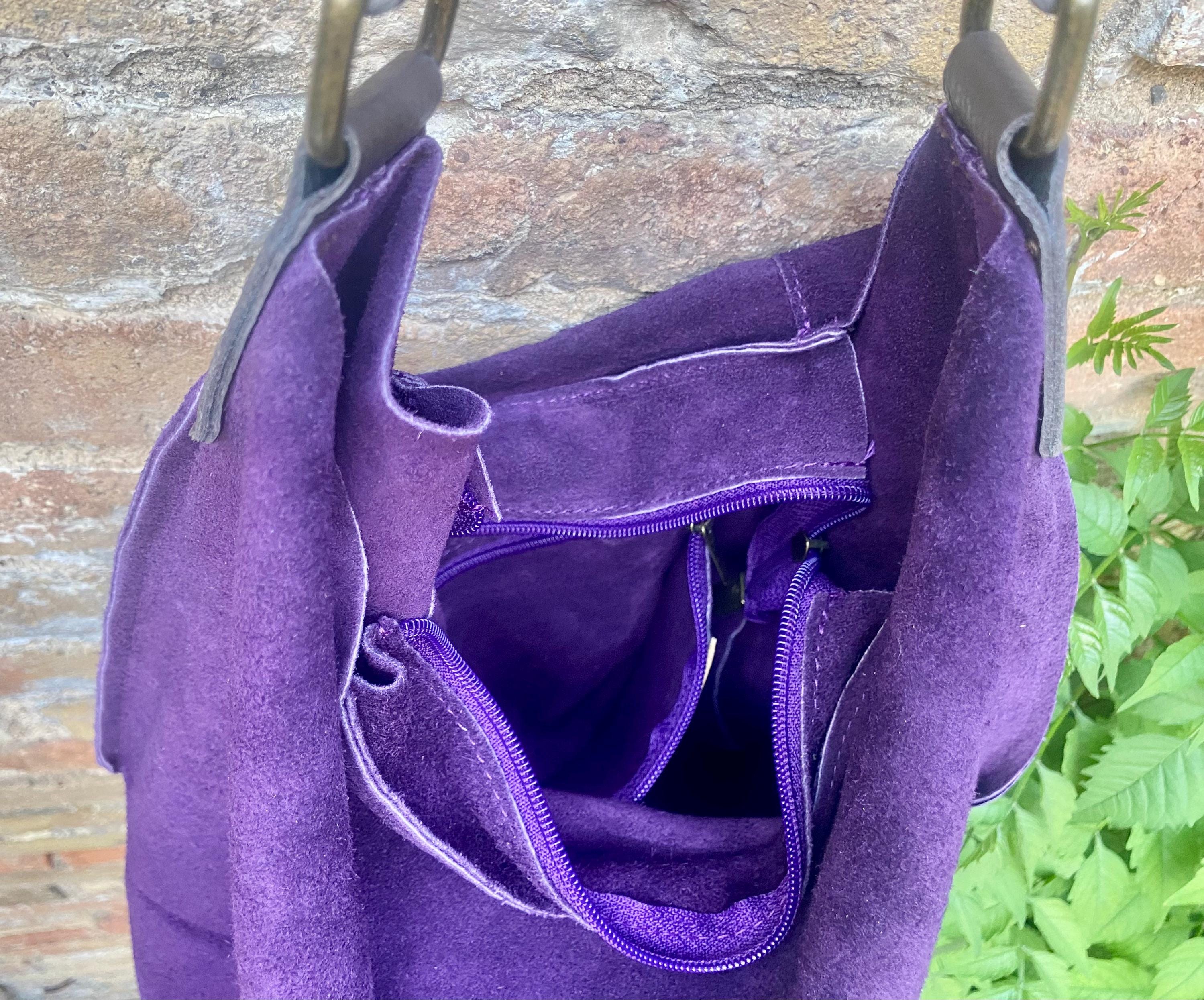 PURPLE slouch suede bag, wide BROWN leather strap. Soft genuine suede leather shopper / hobo bag. Purple suede purse